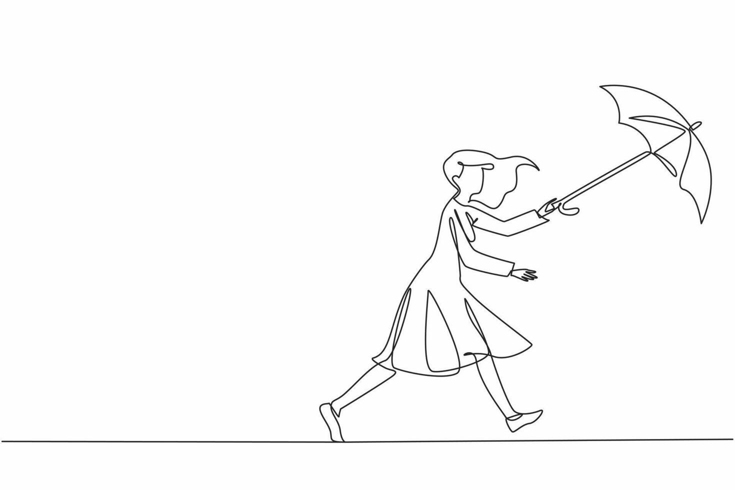 Continuous one line drawing a woman runs after a flying umbrella. The strong gusts of wind can blow anything away. Extreme weather. National Big Wind Day. Single line draw design illustration vector