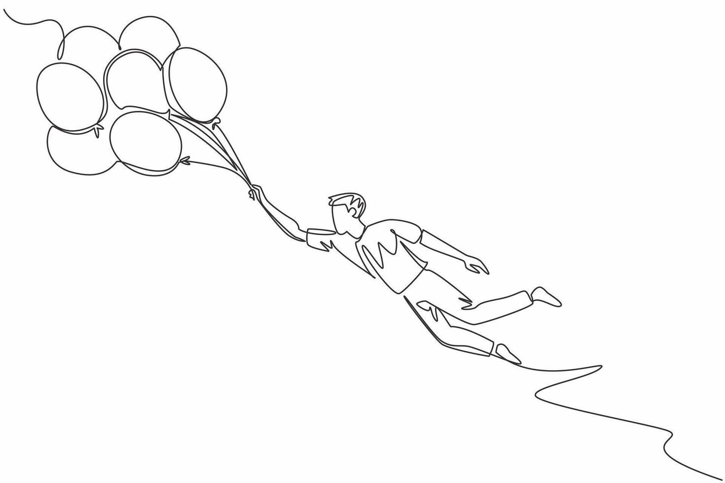 Continuous one line drawing businessman hold many balloons and flying in the wind. Strong winds ruin room decoration plans. Extreme. National Big Wind Day. Single line draw design illustration vector