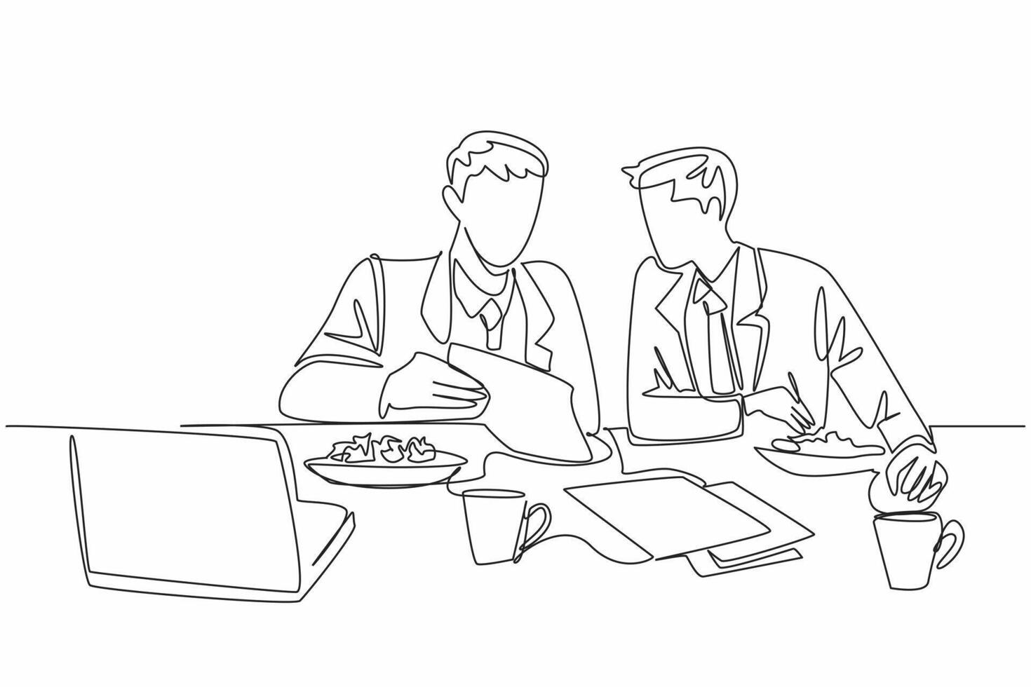 Continuous one line drawing two businessmen eating salad at the office table. Reviewing meeting results over lunch. Sharing. National Make Lunch Count Day. Single line draw design illustration vector