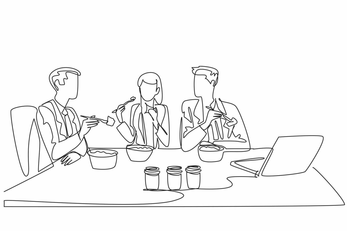 Single continuous line drawing businessman and businesswoman sitting together eating salad at the office table. Snacking together. National Make Lunch Count Day. One line design illustration vector