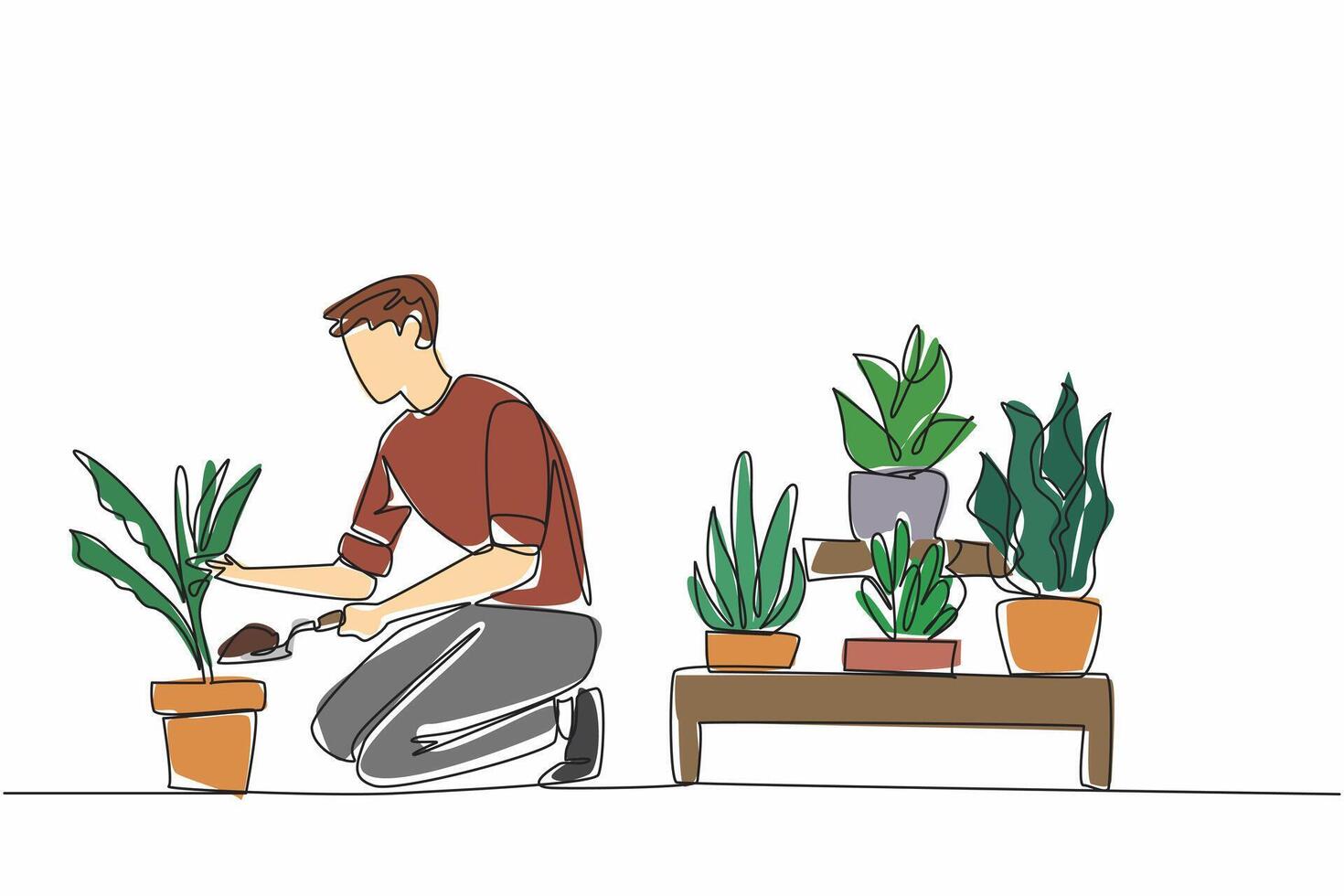 Single continuous line drawing a man in casual clothes kneeling on the floor while sprinkling soil from a shovel. Care with full patience. National Gardening Day. One line design illustration vector