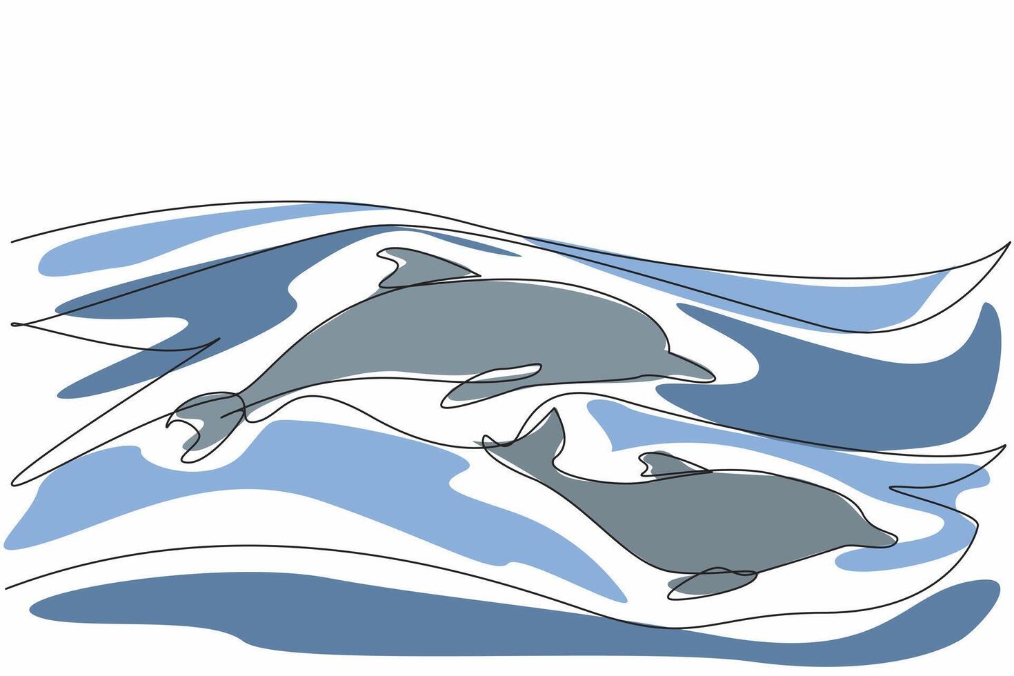 Single continuous line drawing 2 dolphins swimming. Aquatic mammals are known for their high intelligence. Jumping out of the water. Habits. National Dolphin Day. One line design illustration vector