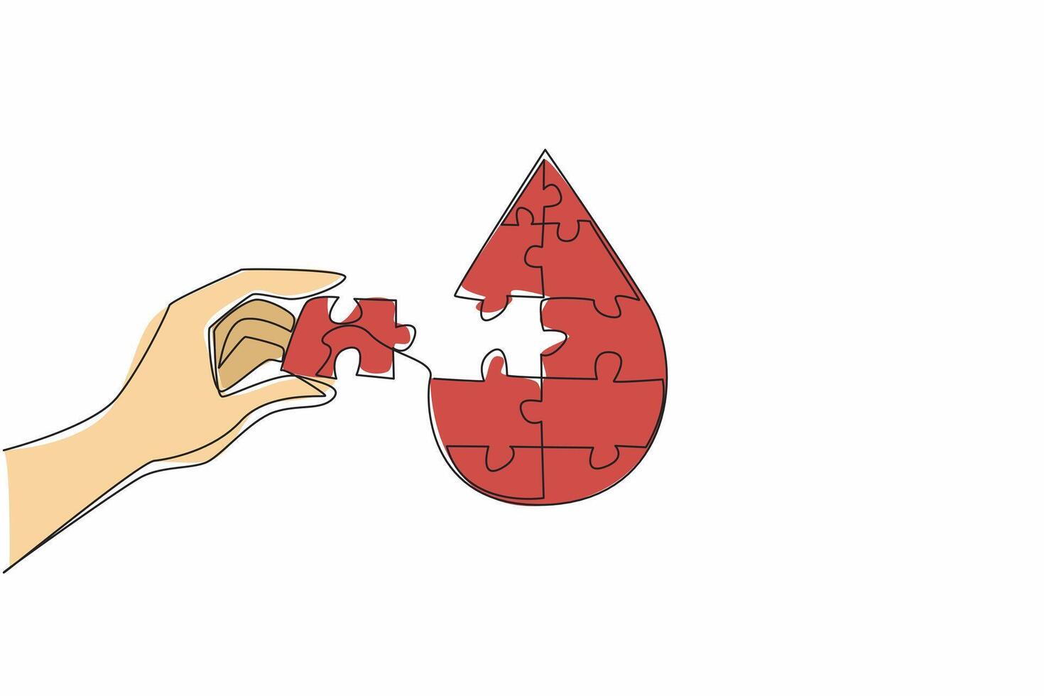 Single continuous line drawing a hand holding a puzzle piece and wanting to put it in a drop of blood. Donation as a complement to happiness. World Hemophilia Day. One line design illustration vector