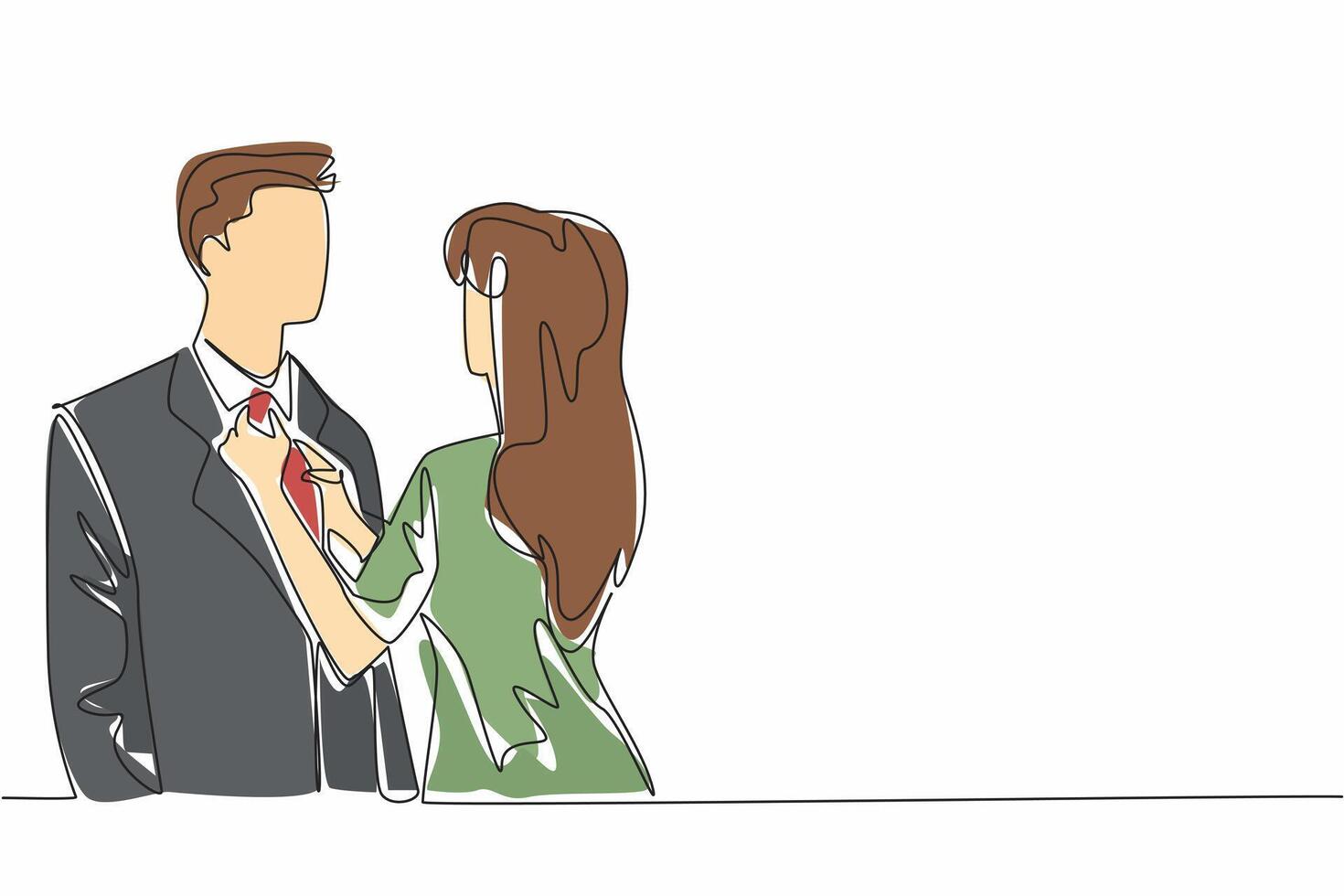 Single continuous line drawing wife adjusts her tie position of husband. Get ready for a super romantic dinner at a classic restaurant. Husband Appreciation Day. One line design illustration vector