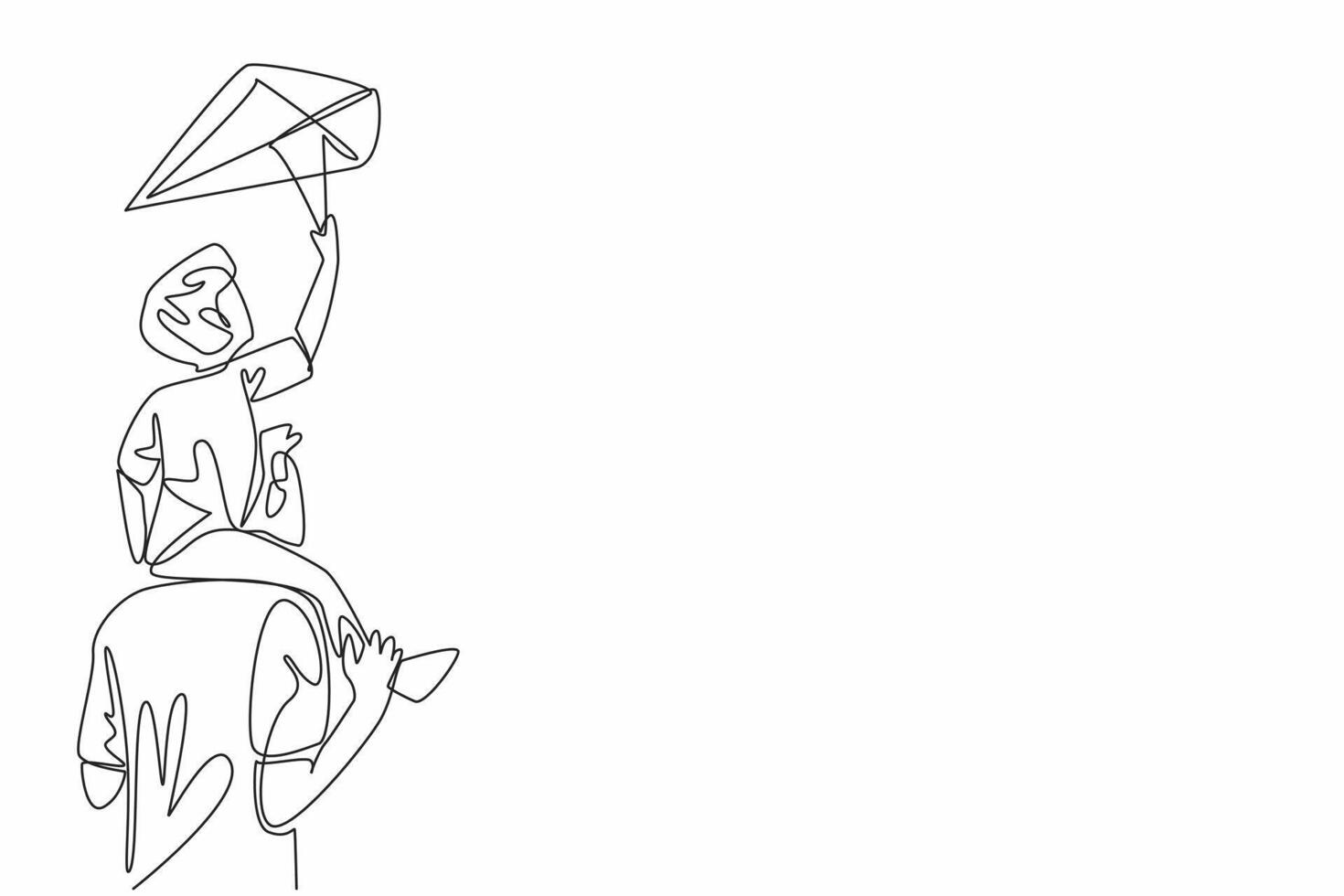Continuous one line drawing a father carrying his son playing a kite on his shoulder. A memorable holiday. Strengthening the bond. Go Fly a Kite Day. Single line draw design illustration vector