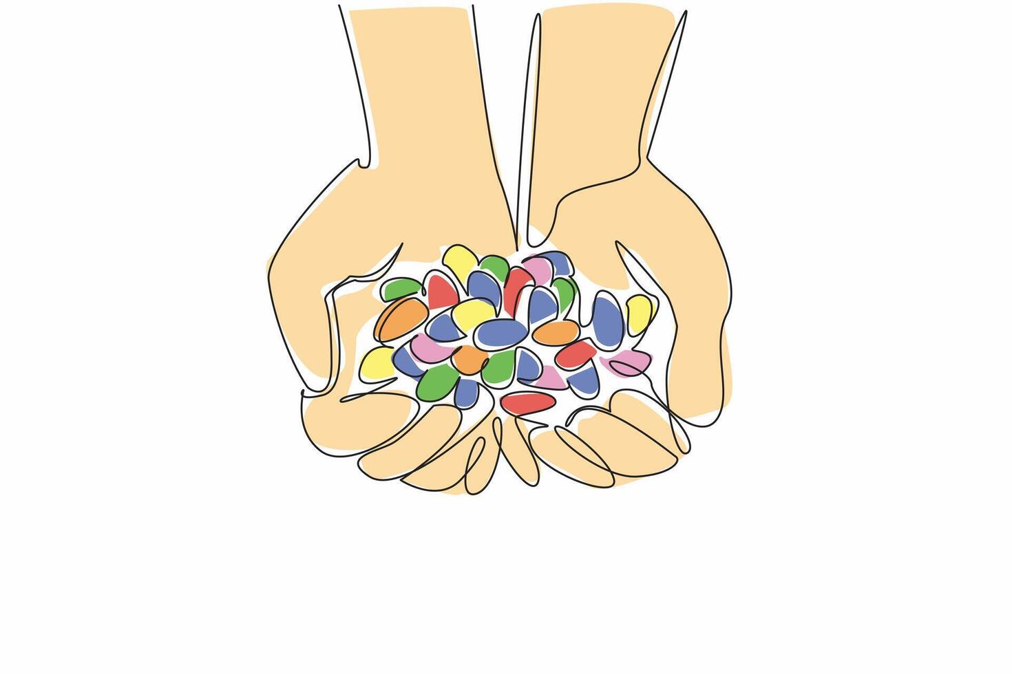 Single continuous line drawing hand holding a pile of colorful jelly beans. Preparing to watch while snacking on sweet snacks. Delicious. National Jelly Bean Day. One line design illustration vector