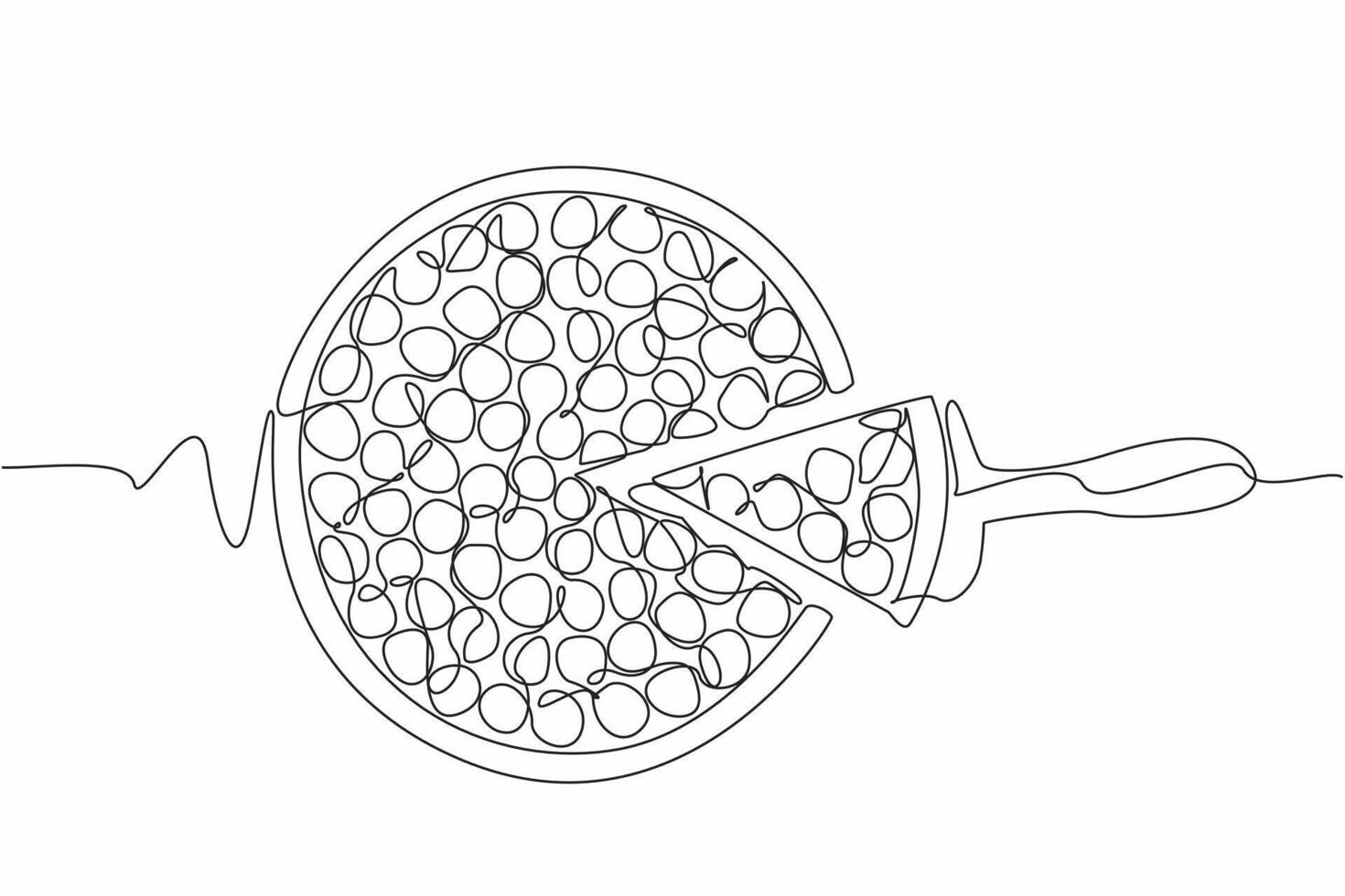 Single continuous line drawing round cut cherry cheesecake. Cut to enjoy its deliciousness. Creamy taste of cheese adds to taste. National Cherry Cheesecake Day. One line design illustration vector