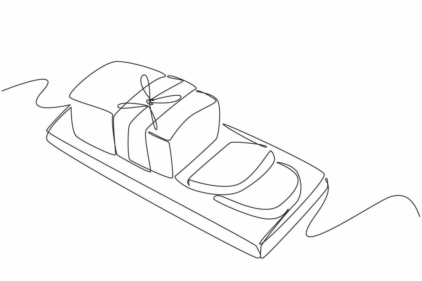 Single one line drawing zucchini bread sliced on a wooden cutting board. Snacks ready to be served to consumer. Healthy. National Zucchini Bread Day. Continuous line design graphic illustration vector