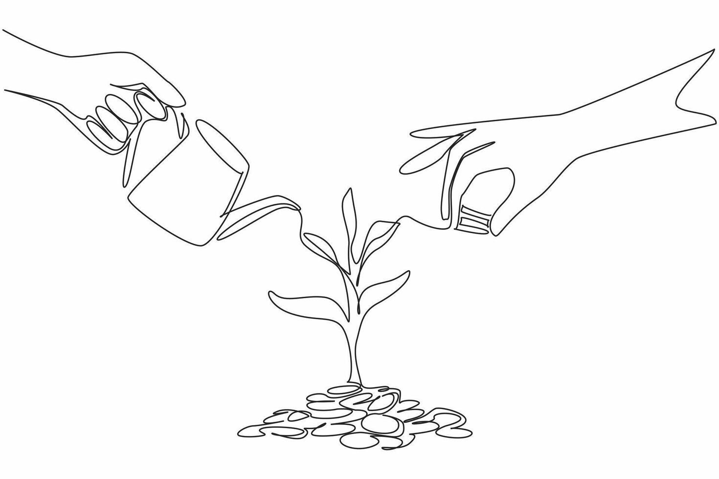 Single continuous line drawing stack of coins grow small plants. Symbolism of investment. Investing capital for profit growth. National Financial Awareness Day. One line design illustration vector