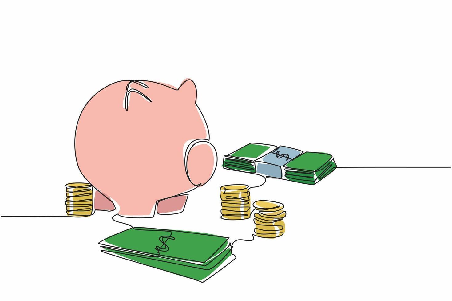 Continuous one line drawing coins, banknotes and piggy bank. Preparation for the future. Save as much money as possible. National Financial Awareness Day. Single line draw design illustration vector