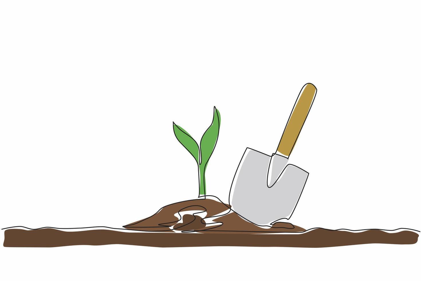 Continuous one line drawing new small trees are planted with help of a shovel. Positive activities to green the earth. Level up oxygen. National Arbor Day. Single line draw design illustration vector