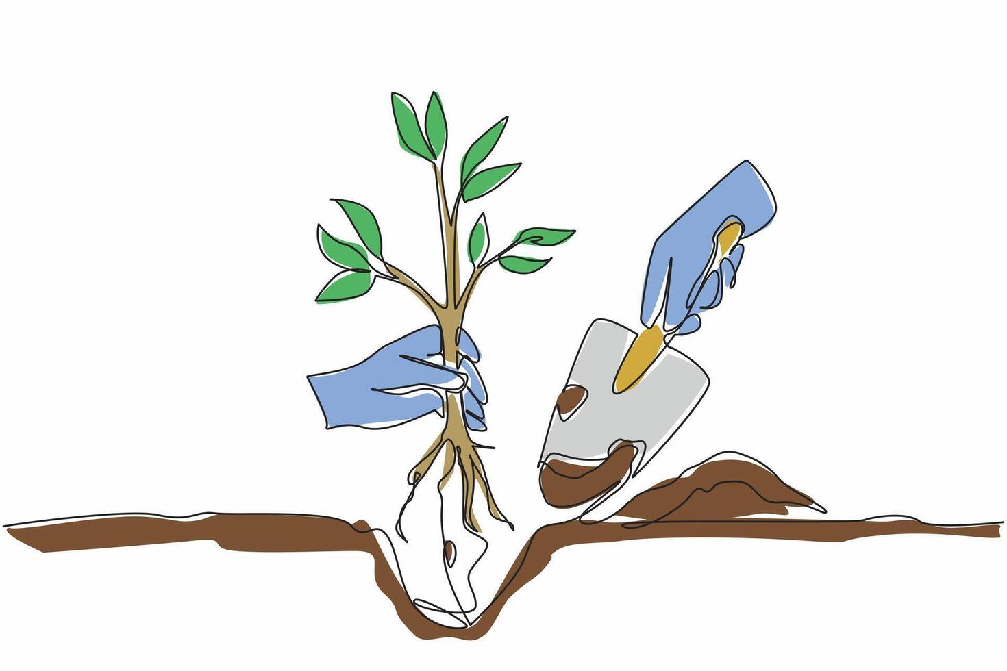 Single continuous line drawing hand holding shovel and small tree. Planting trees greens the earth. Spreads oxygen levels. Comfortable earth. National Arbor Day. One line design illustration vector