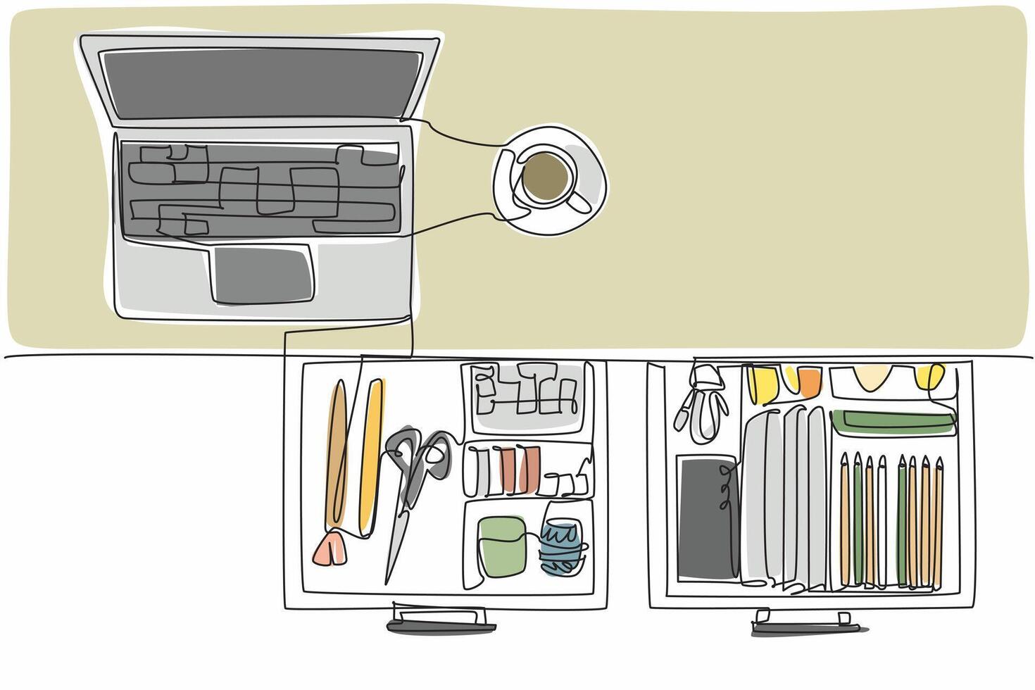 Continuous one line drawing work desk with open drawers and various contents. A tidy workspace always creates enthusiasm. Spirit at work. Get Organized Day. Single line draw design illustration vector