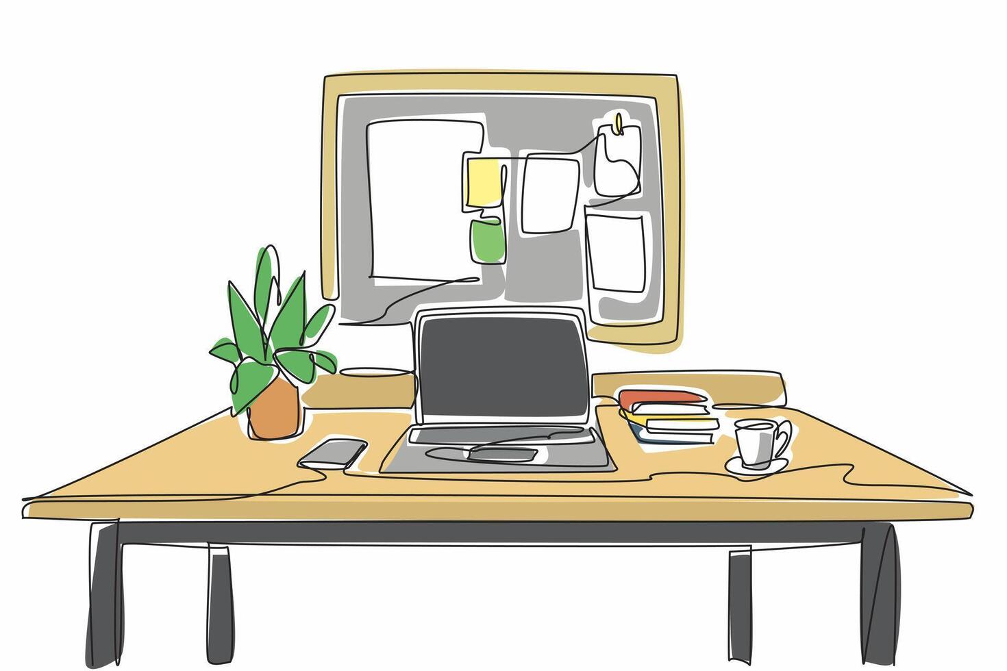 Single continuous line drawing work desk equipped with laptop for work. Small notes for urgent work reminders. Warm coffee always accompanies. Get Organized Day. One line design illustration vector