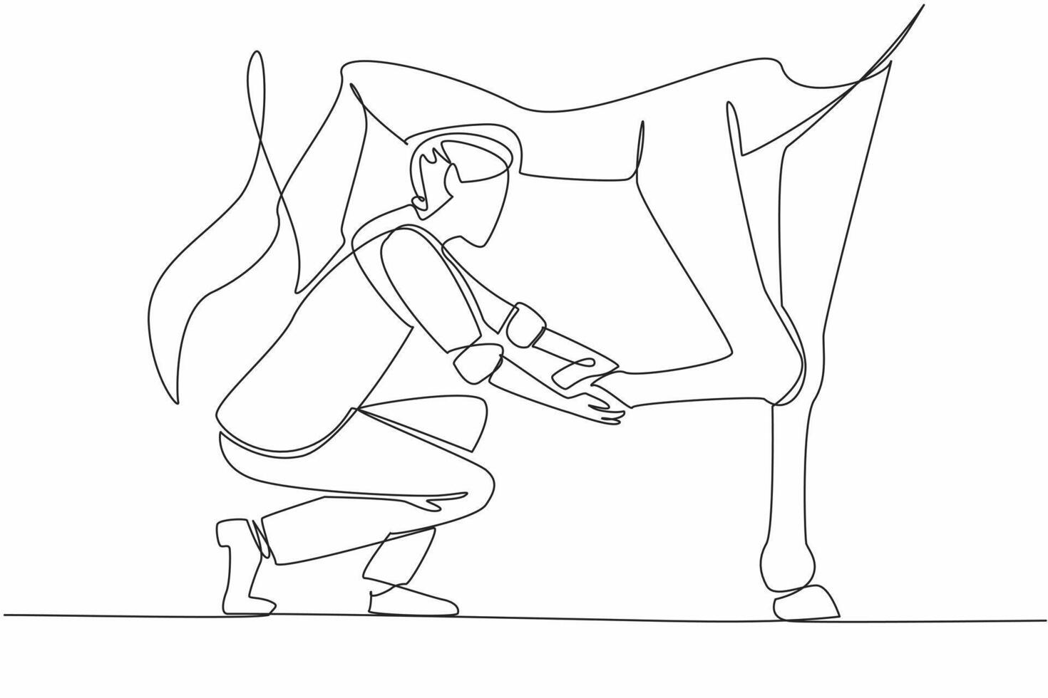 Single one line drawing female veterinarian examining leg of horse. Performing a check because the horse is limping. Profession. National Help A Horse Day. Continuous line design graphic vector
