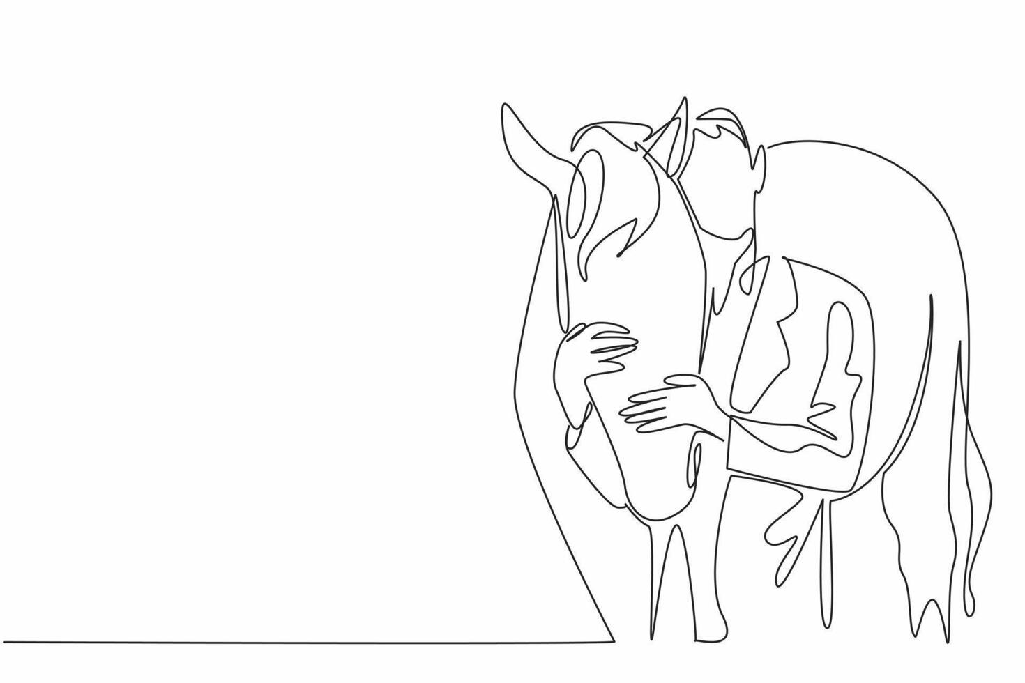 Continuous one line drawing male veterinarian hugging horse head. Gently stroke the head before performing the check. Profession. National Help A Horse Day. Single line draw design vector