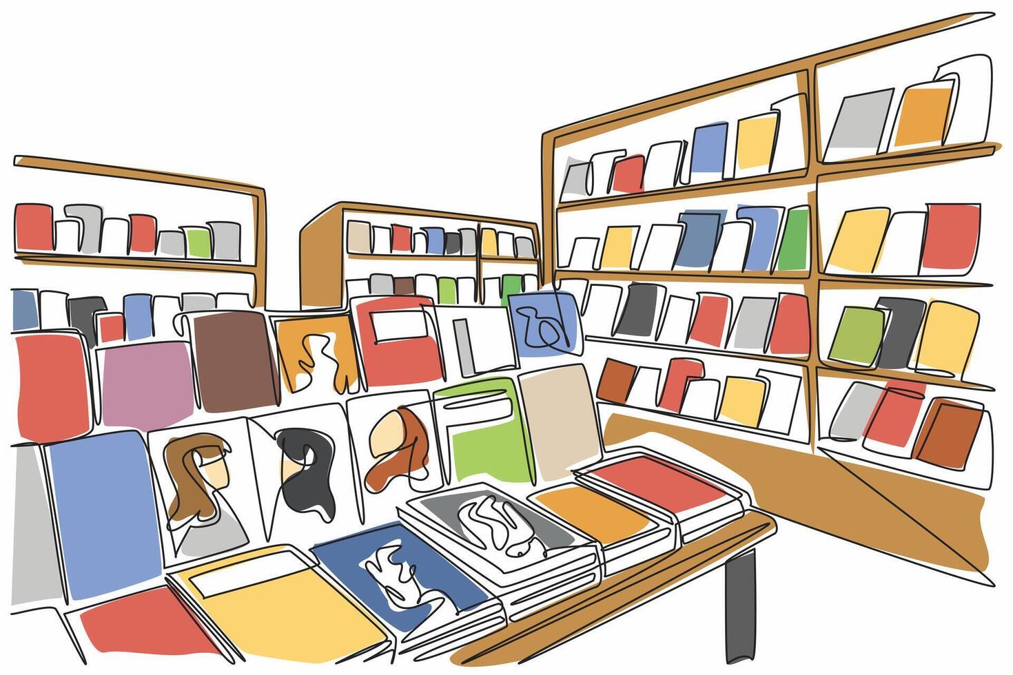 Continuous one line drawing the inside of the bookstore is full of shelves filled with books. Selling cheap and quality books. Independent Bookstore Day. Single line draw design illustration vector