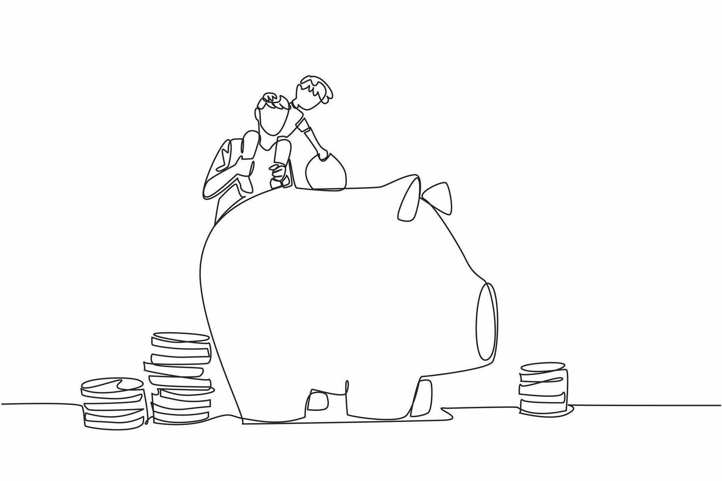 Single one line drawing father carries his son on his shoulders to teach the importance of saving. Financial planning. National Teach Children to Save Day. Continuous line design graphic vector