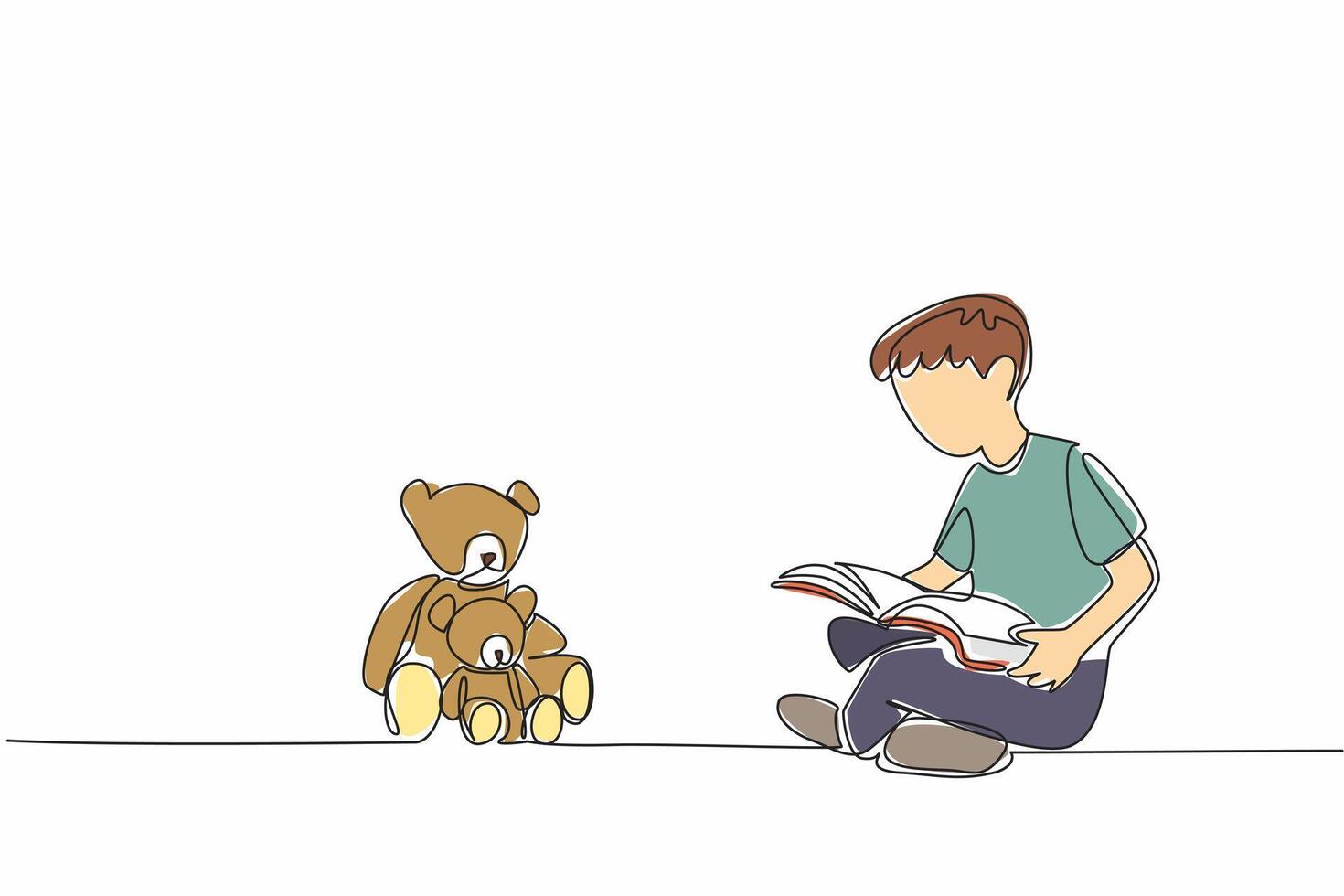 Single continuous line drawing boy sitting crossed legs reading a story book to a teddy bear. The tale of the bear and the human. Story. National Tell a Story Day. One line design illustration vector