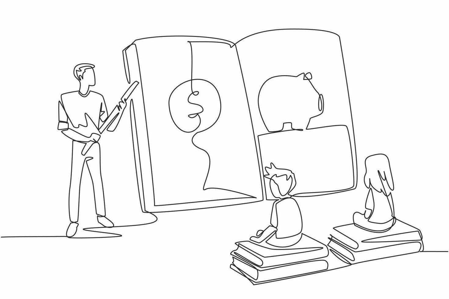 Single continuous line drawing boy and girl sitting on a pile of books. Teaching the importance of saving. For the future. National Teach Children to Save Day. One line design illustration vector