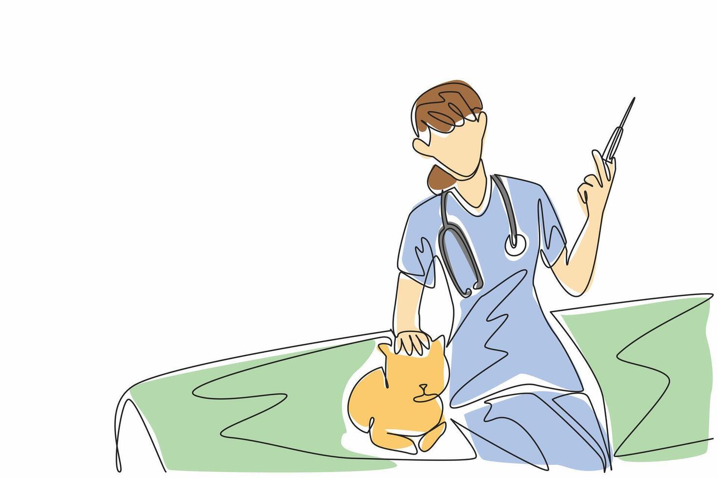 Continuous one line draw female veterinarian doctor sitting on treatment bed holding injection. Get vaccinated. Prevent disease. World Veterinary Day. Single line draw design vector