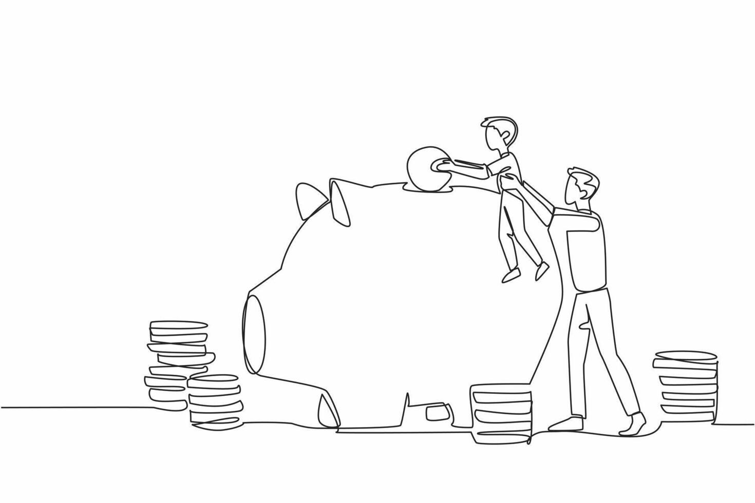Single continuous line draw father holding his son who wants to put big coins into the piggy bank. Teach in every condition. National Teach Children to Save Day. One line design vector
