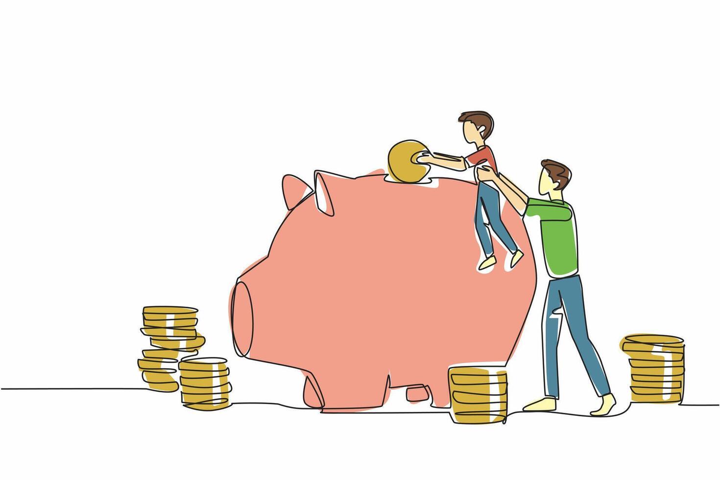 Single continuous line draw father holding his son who wants to put big coins into the piggy bank. Teach in every condition. National Teach Children to Save Day. One line illustration vector