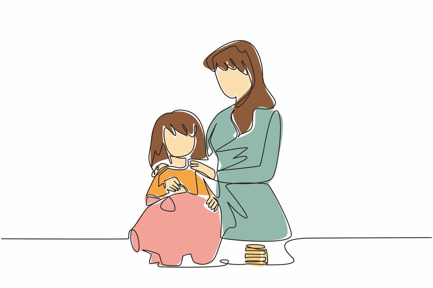 Continuous one line drawing mother holding her daughter who is putting coins into a piggy bank. Agree in body language. National Teach Children to Save Day. Single line draw design vector