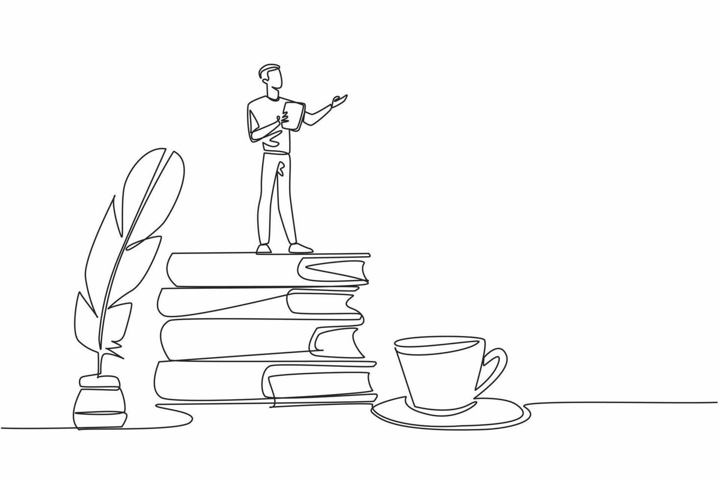 Continuous one line drawing a man reading poetry while holding a piece of paper. Classic style poetry artist. The poetic poet. Great Poetry Reading Day. Single line draw design vector