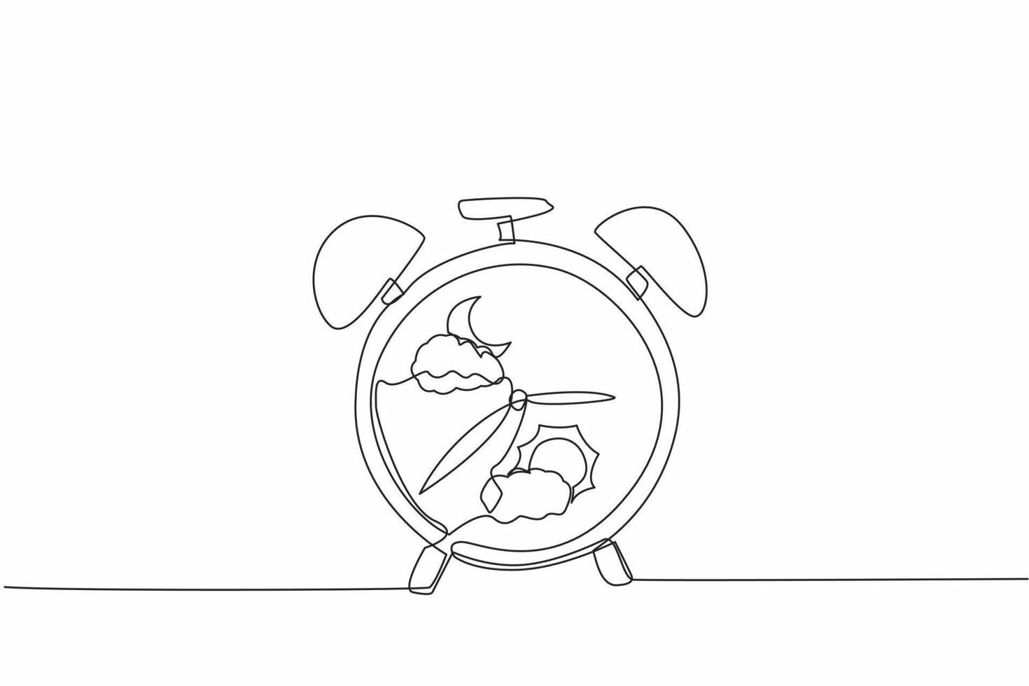Single one line draw alarm clock which has a picture of a cloudy crescent moon and a picture of a cloudy sun. Circadian rhythm. Biological Clock Day. Continuous line design graphic illustration vector