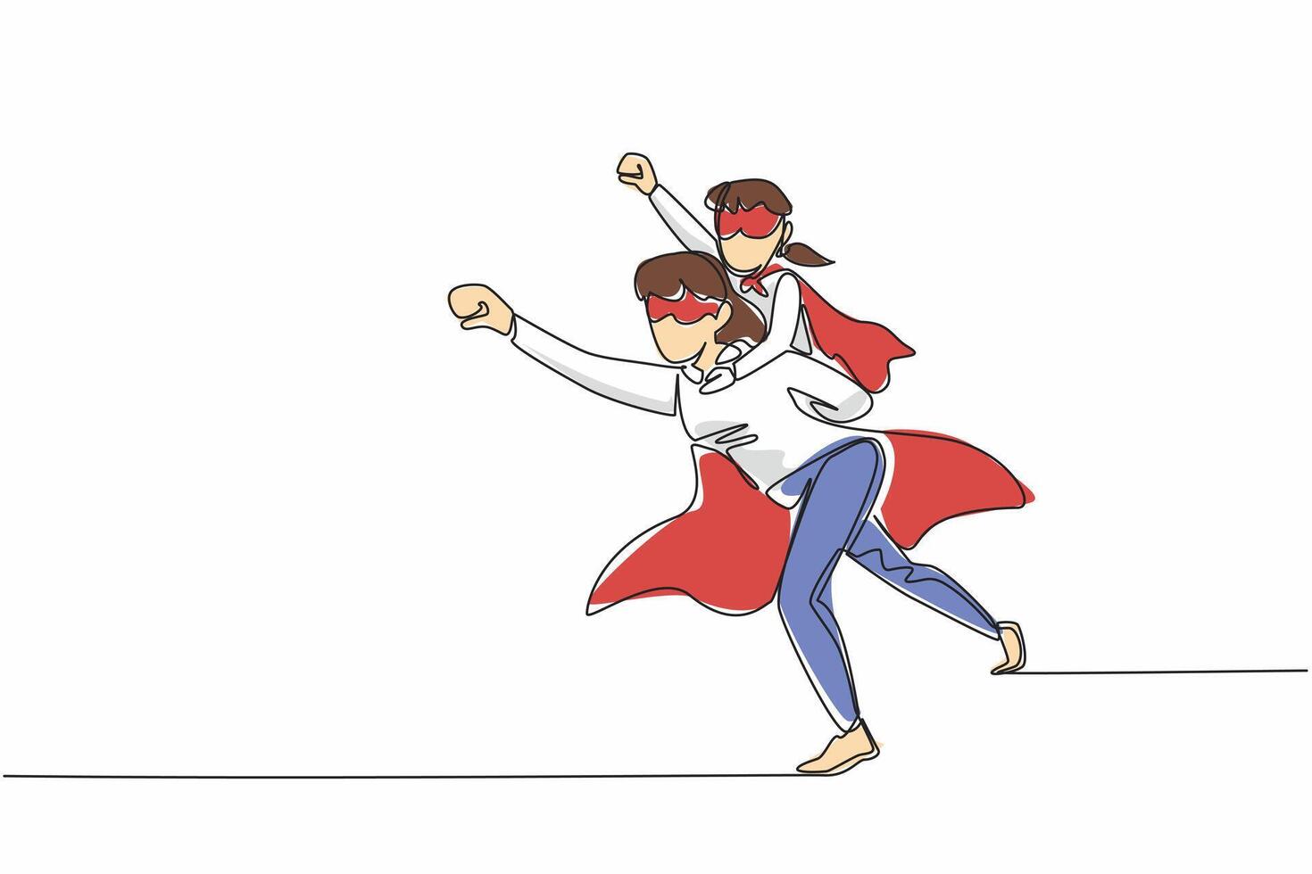 Single one line drawing mother carries her daughter on her back and poses as if she wants to fly. Will eradicate germs in the house. Autism Super Mom Day. Continuous line design graphic illustration vector