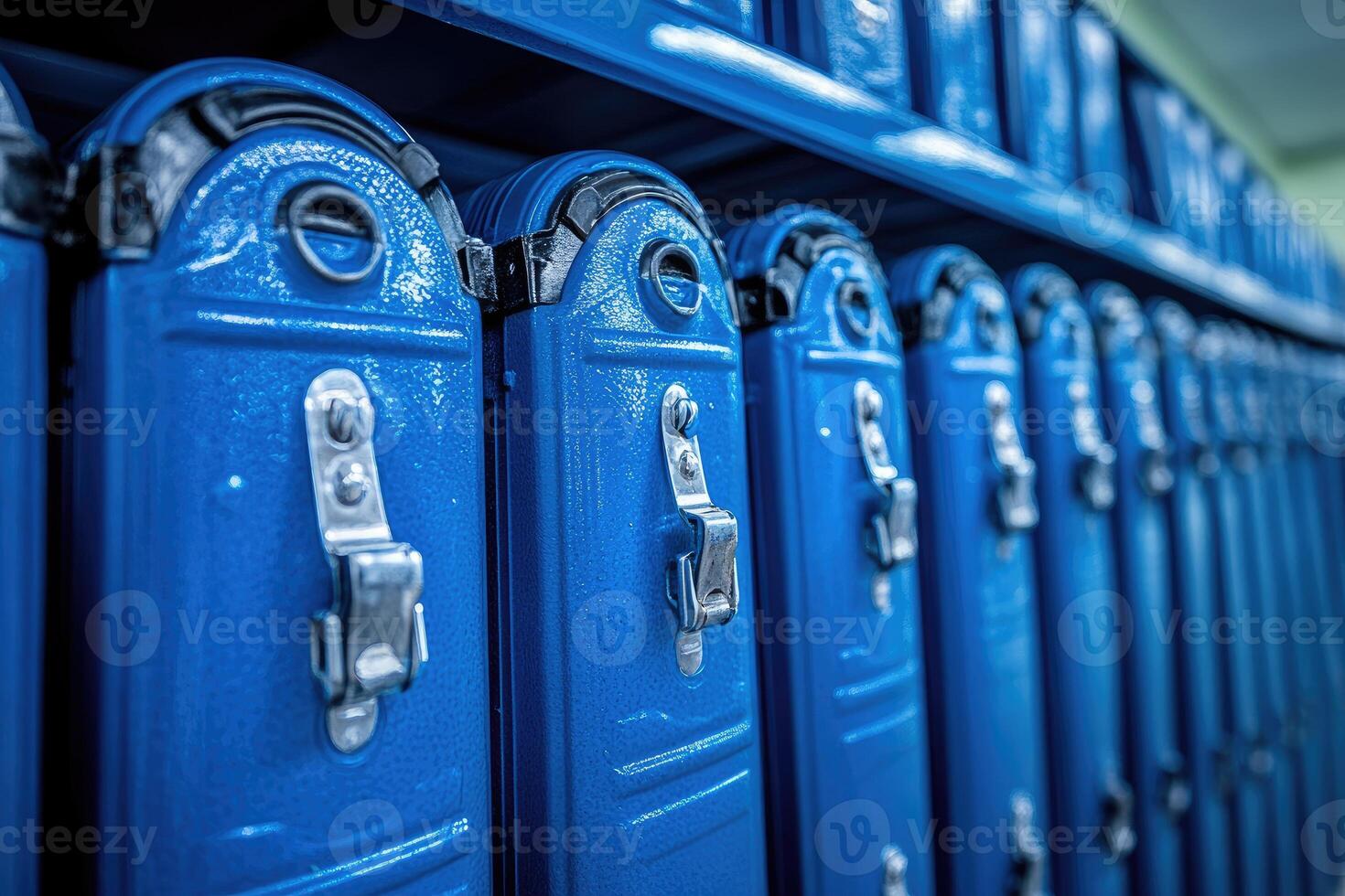 Blue Metal Lockers Lined Up On A Shelf photo