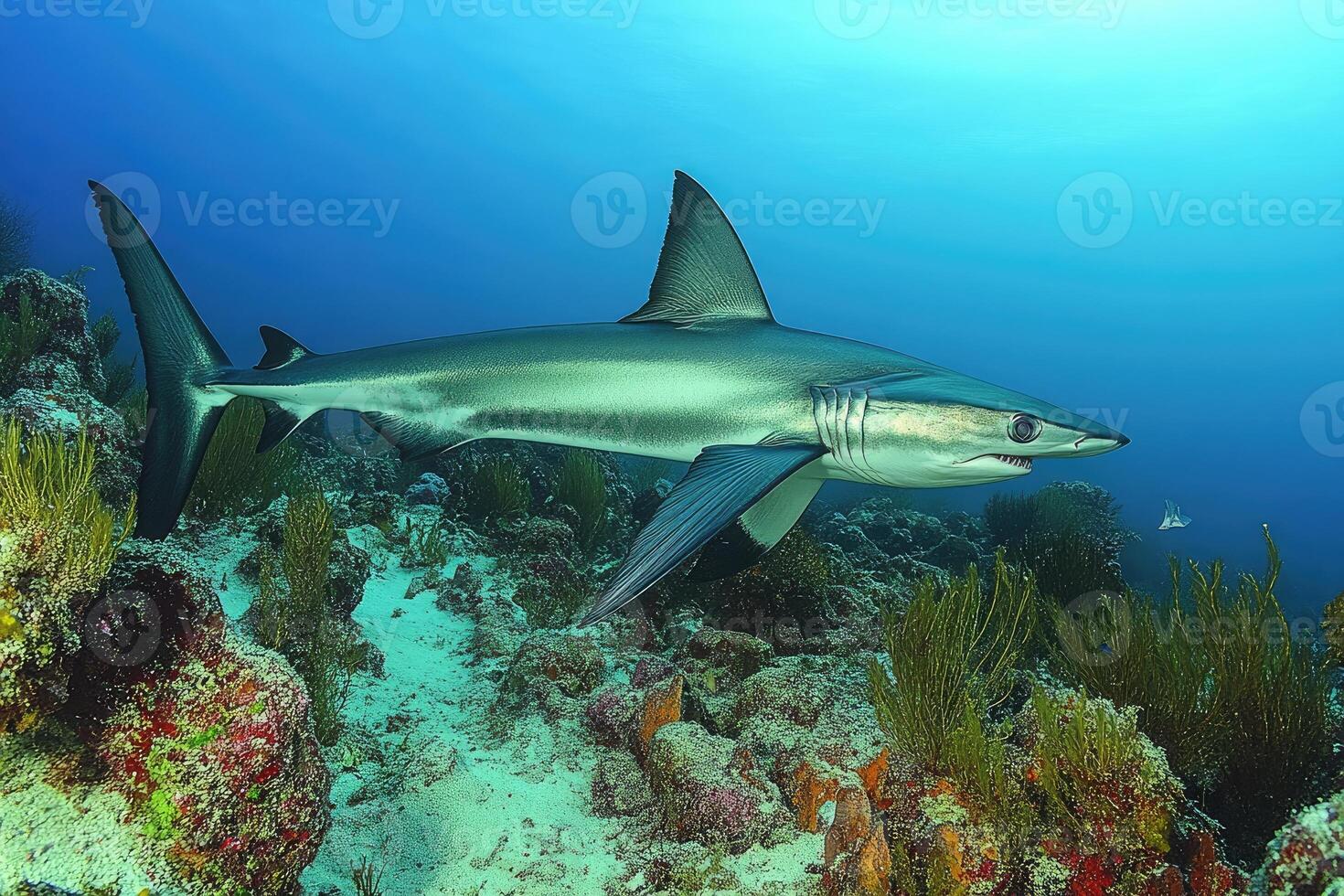 Blue Shark Swimming Over Vibrant Coral Reef photo
