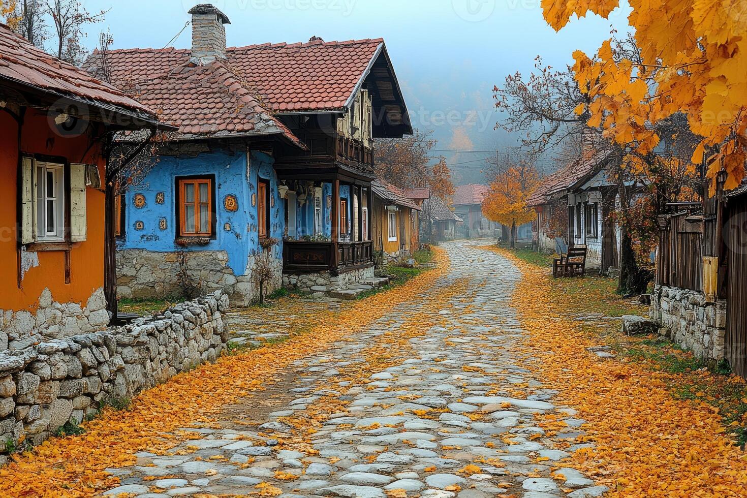 Colorful Autumn Houses Line Cobblestone Street photo