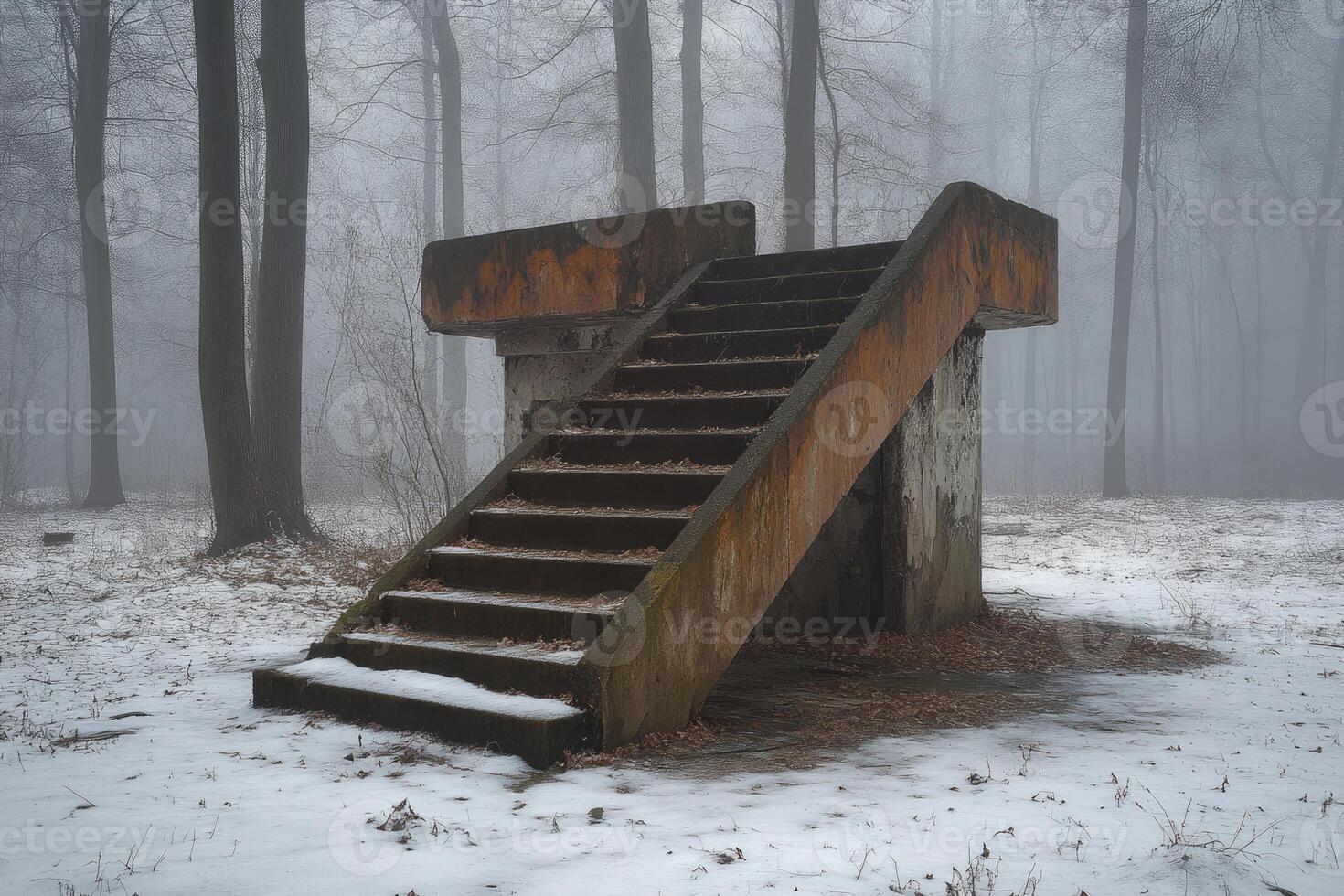 Concrete Steps Leading Into A Foggy Winter Forest photo