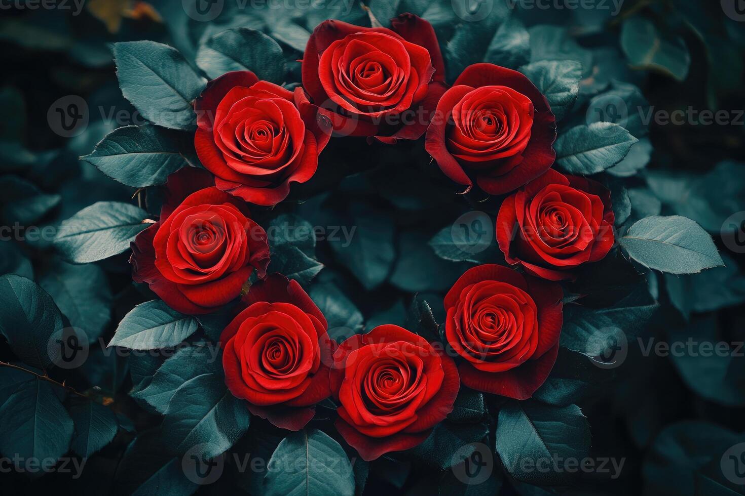 Dark Red Roses Forming A Circle In Lush Green Foliage photo