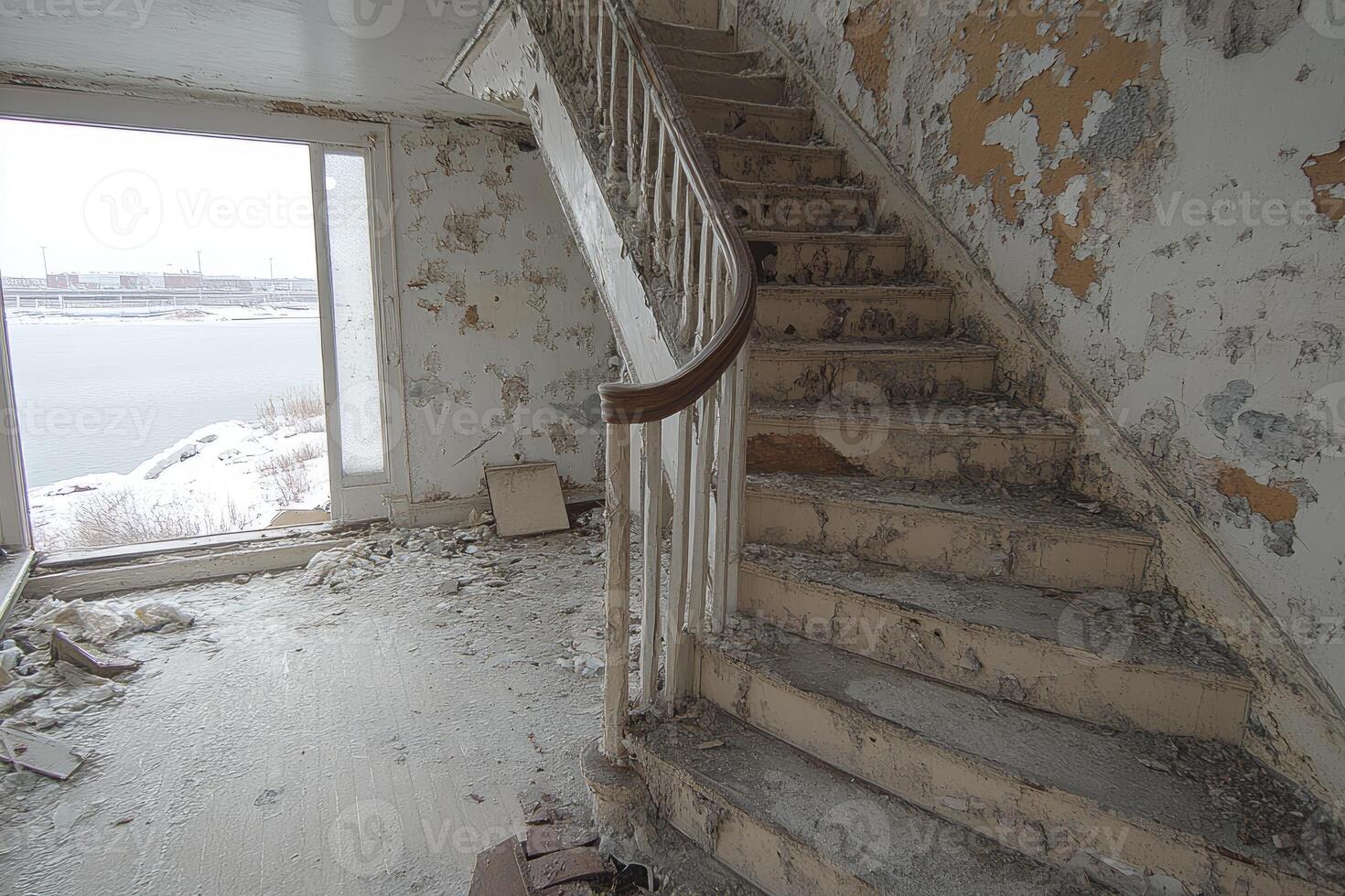 Decaying Staircase in Derelict Building Overlooking River photo
