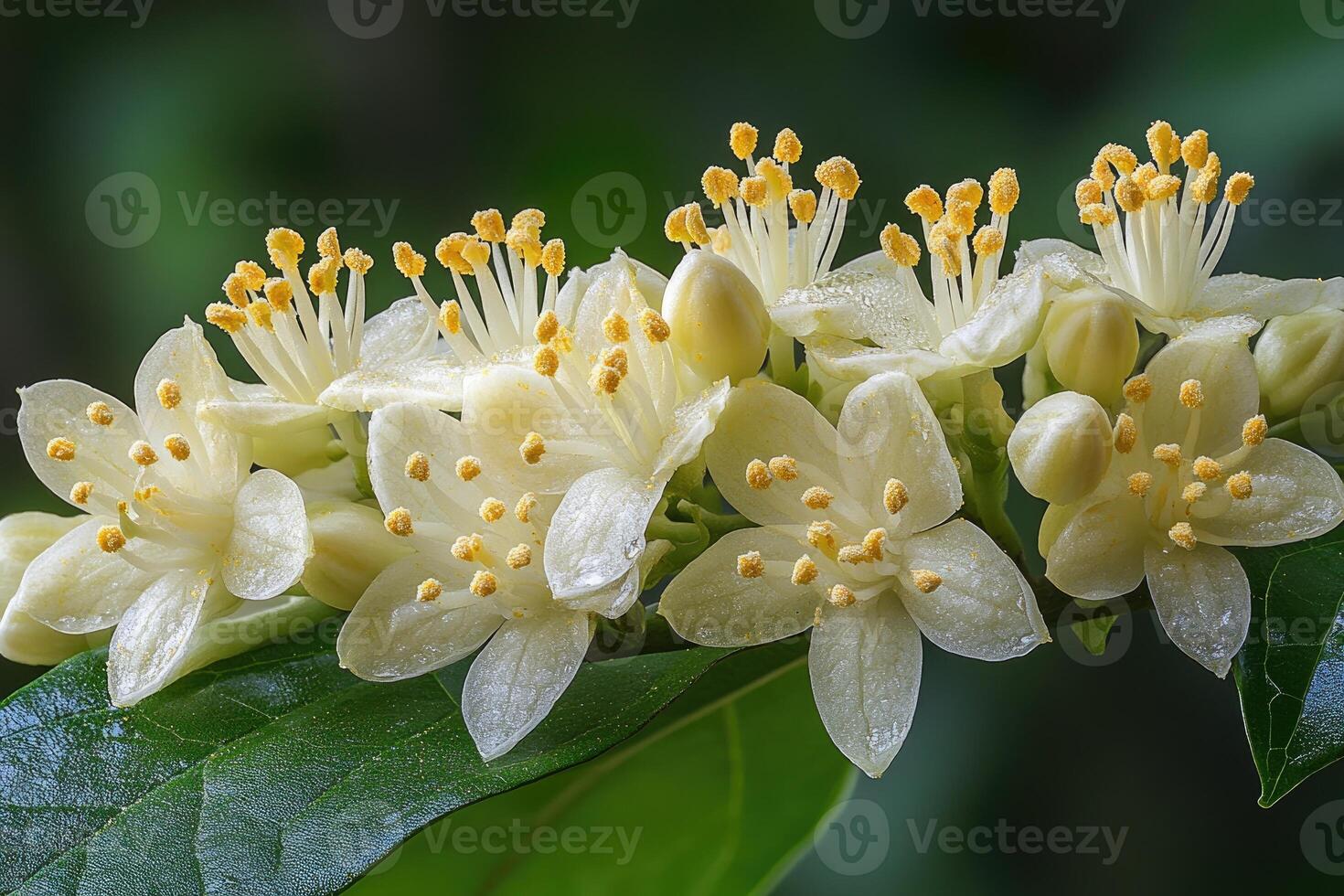 Delicate Cluster of Creamy White Flowers on Green Leaves photo