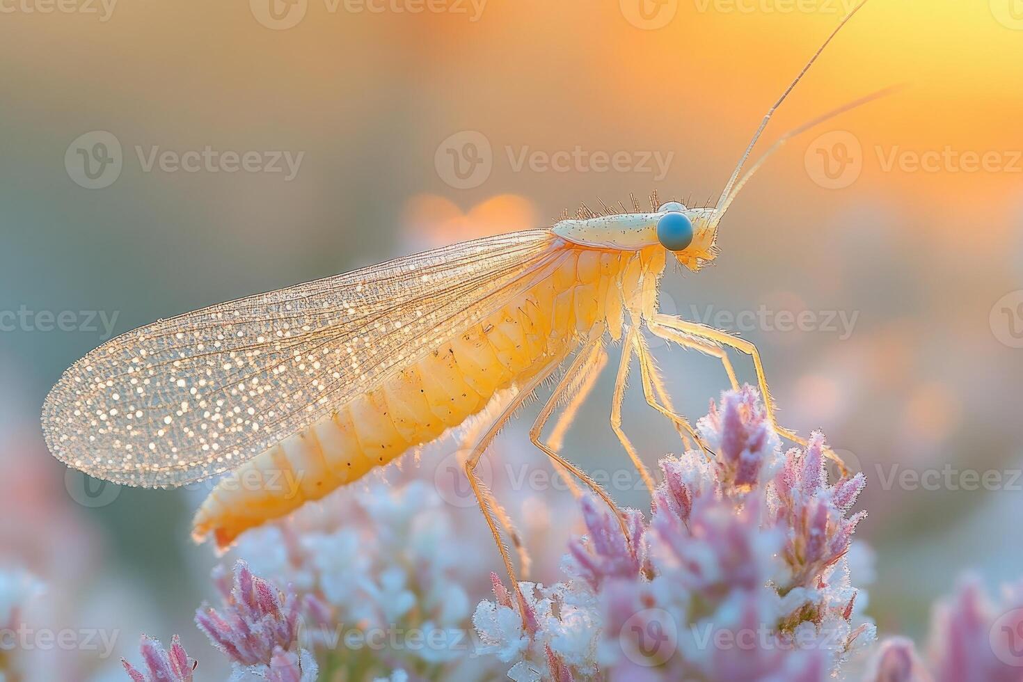 Delicate Pale Insect on Frost Covered Flower photo