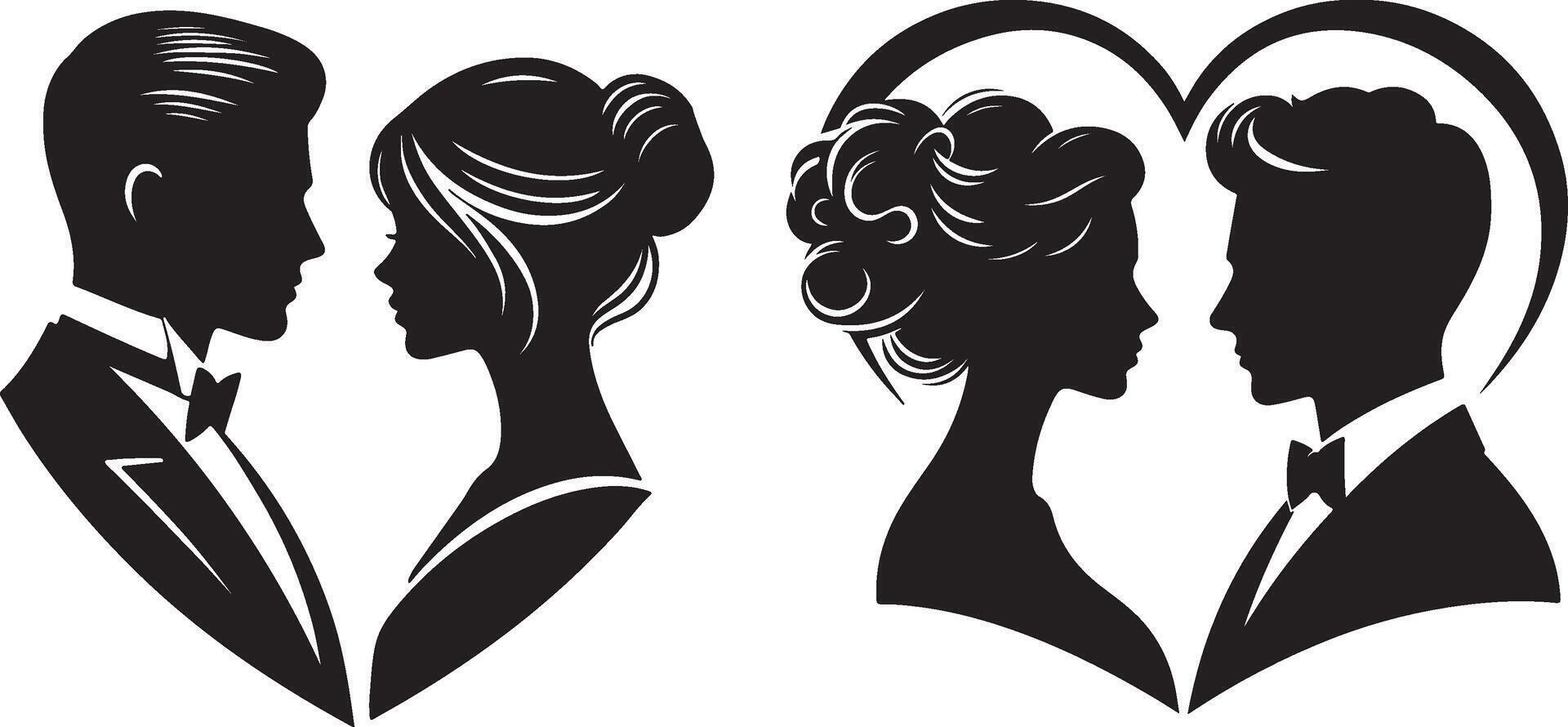 Symmetrical Elegance, Art Silhouettes of Couples in Heart Frames vector