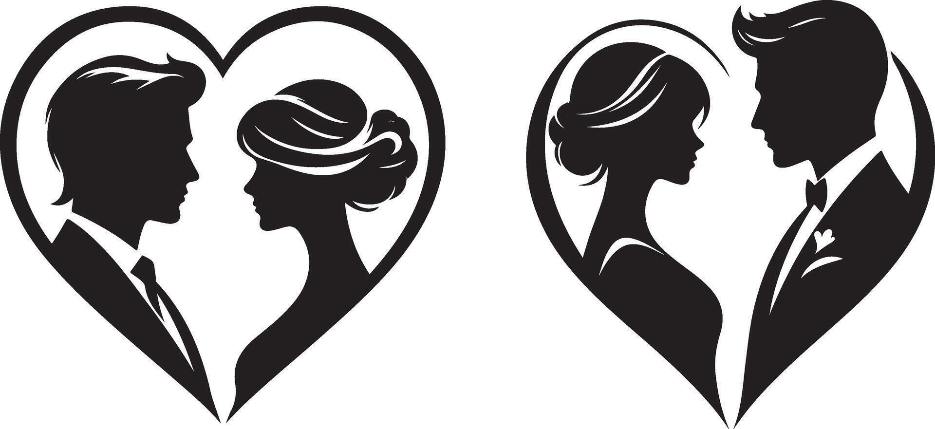 Romantic Profiles, Heart-Shaped Frames of Bride and Groom in Minimalist Style vector