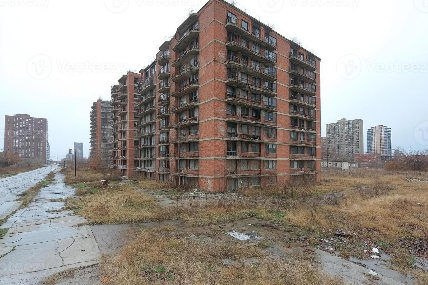 Derelict Brick Apartment Buildings Urban Decay Scene photo