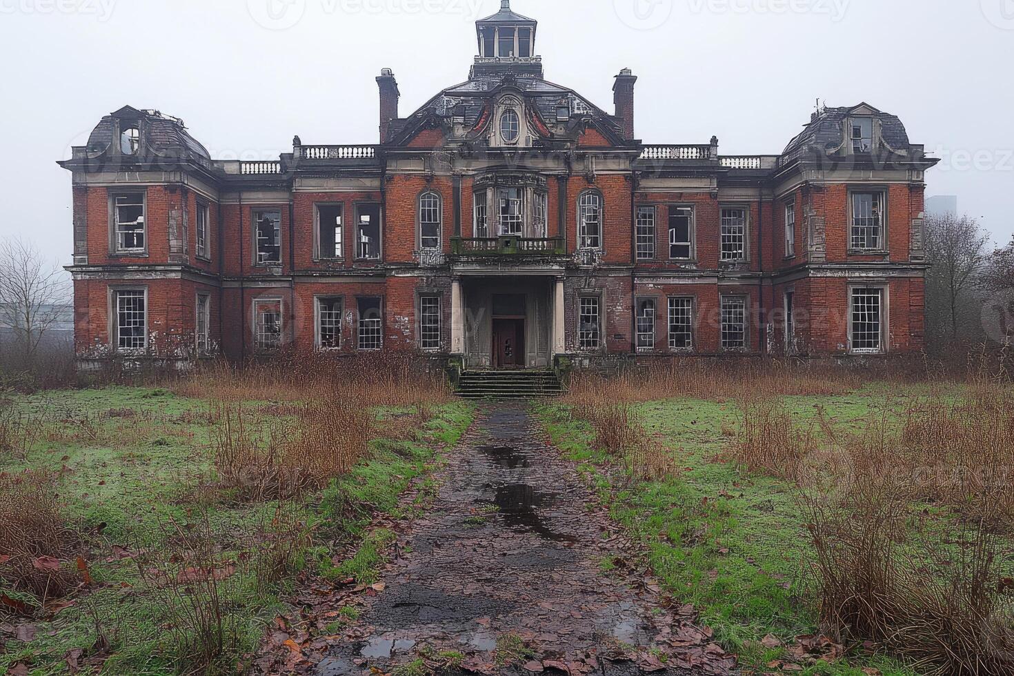 Derelict Mansion Overgrown With Winter Vegetation photo