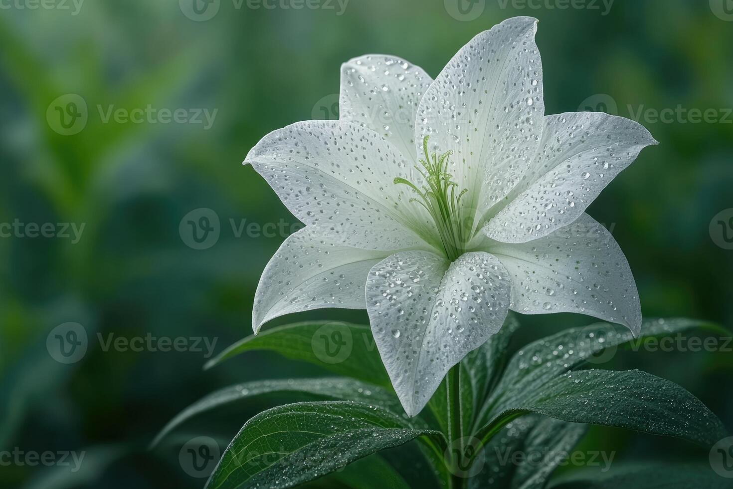 Dew Kissed White Lily Flower In Lush Green Foliage photo