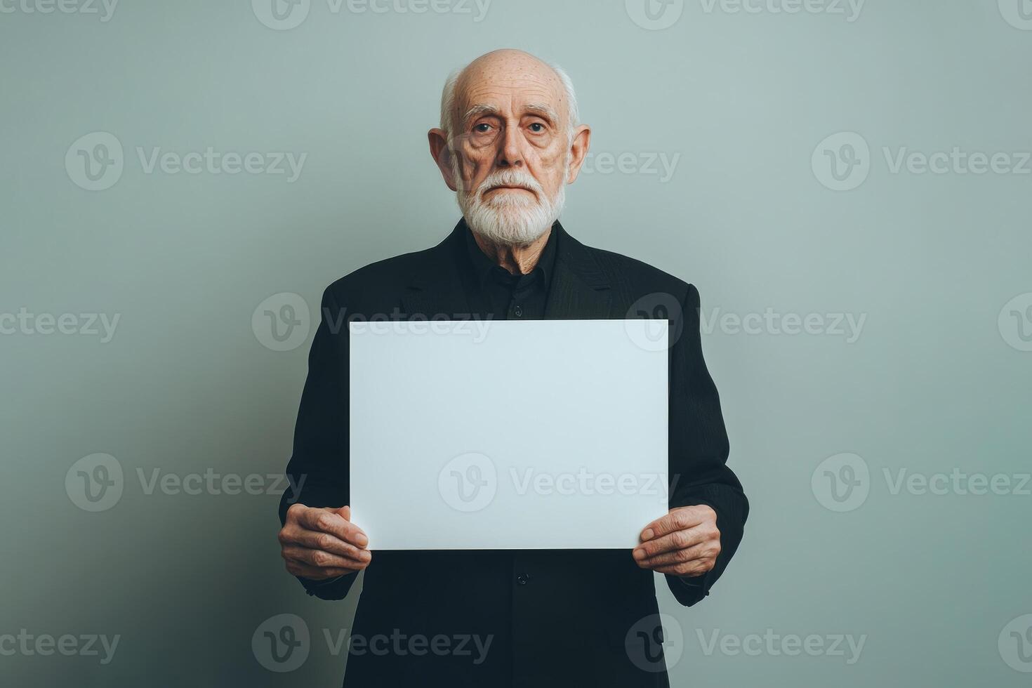 Elderly Man In Black Suit Holding Blank Sign photo