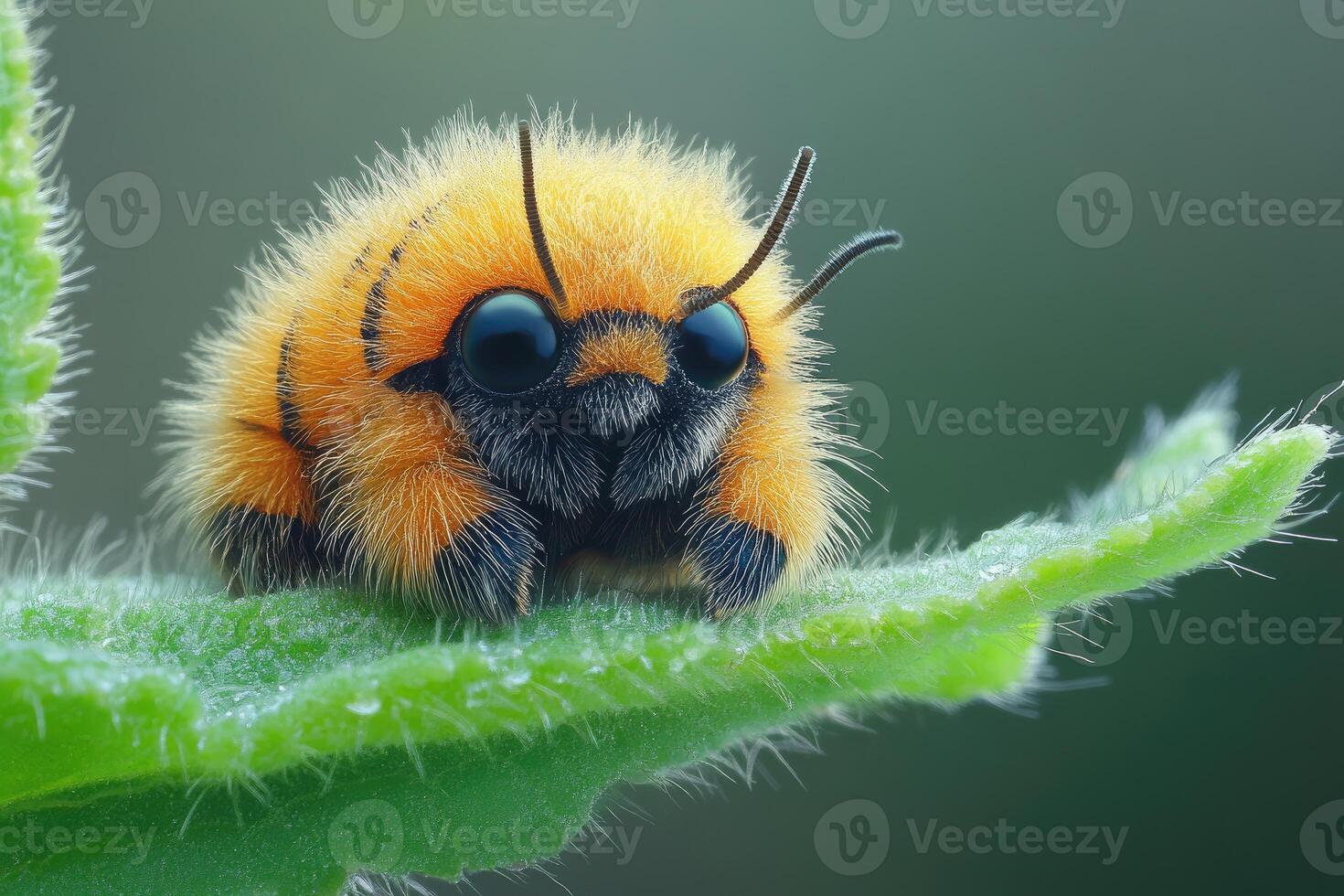 Fluffy Orange Insect Perched On A Green Leaf photo