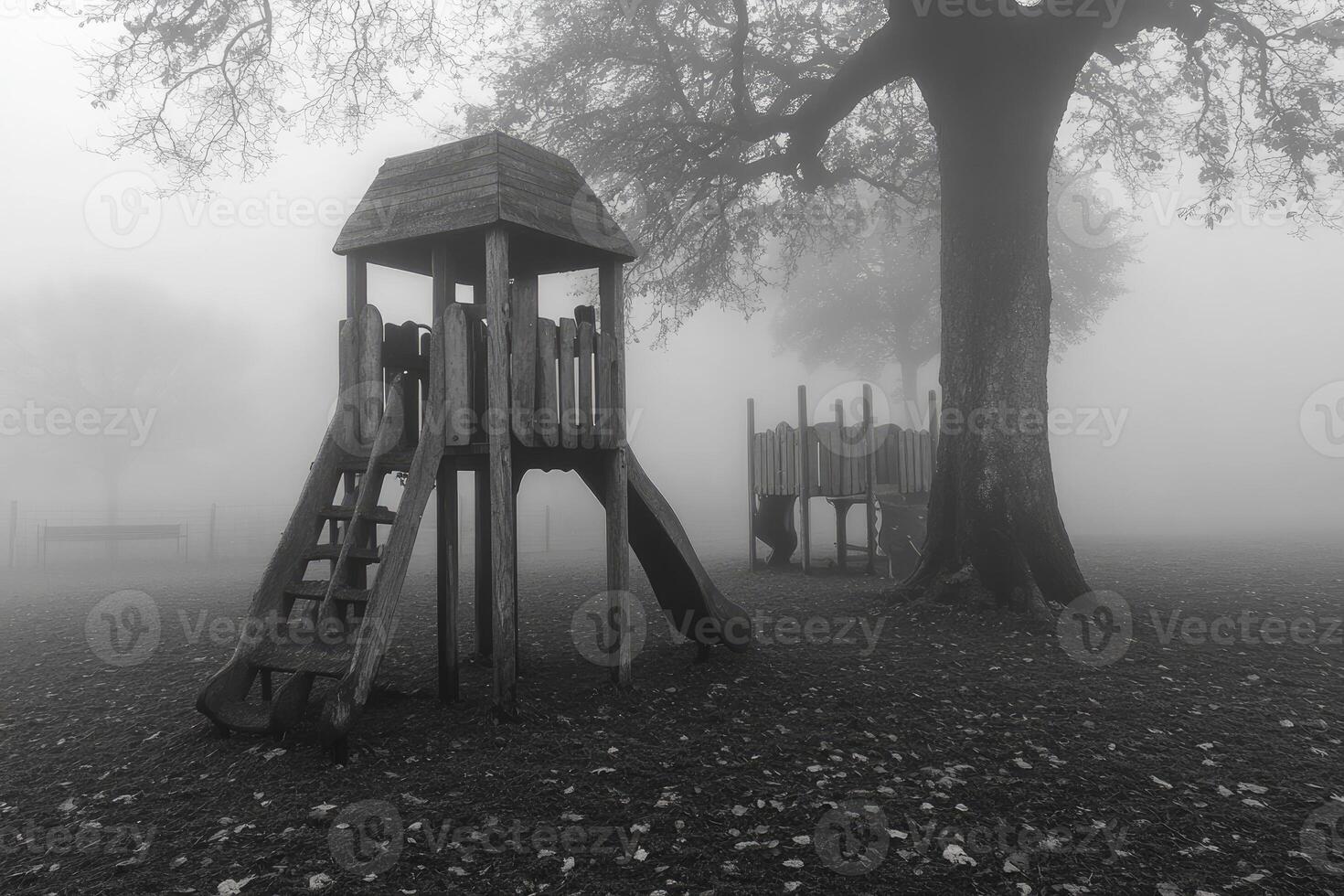 Foggy Playground Wooden Play Structures In A Park photo