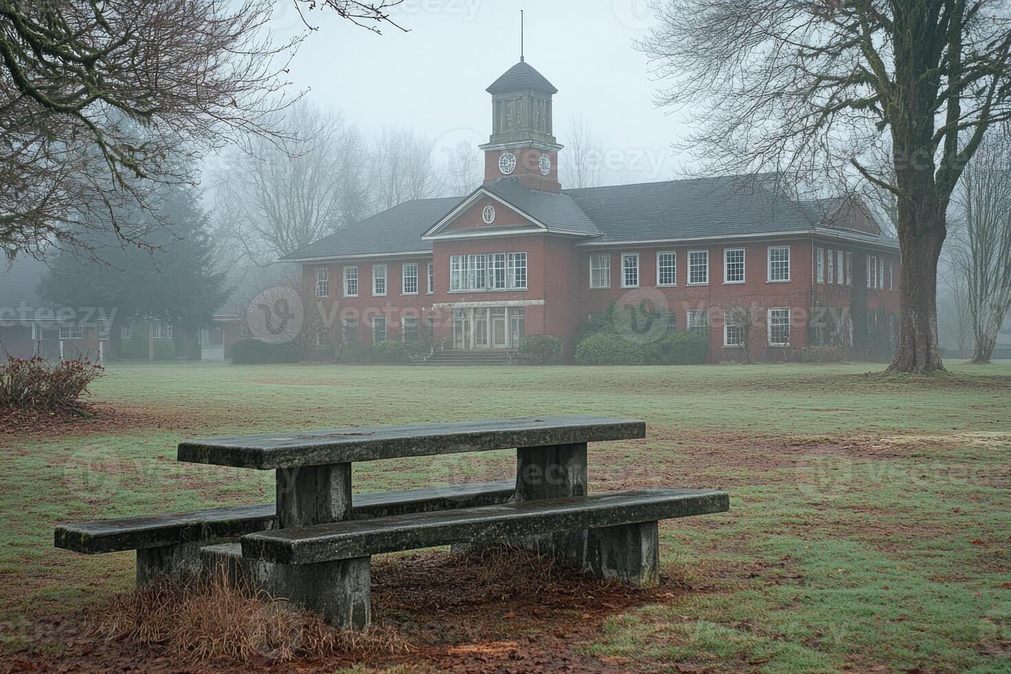 Foggy Day at a Brick School Building with a Park Bench photo