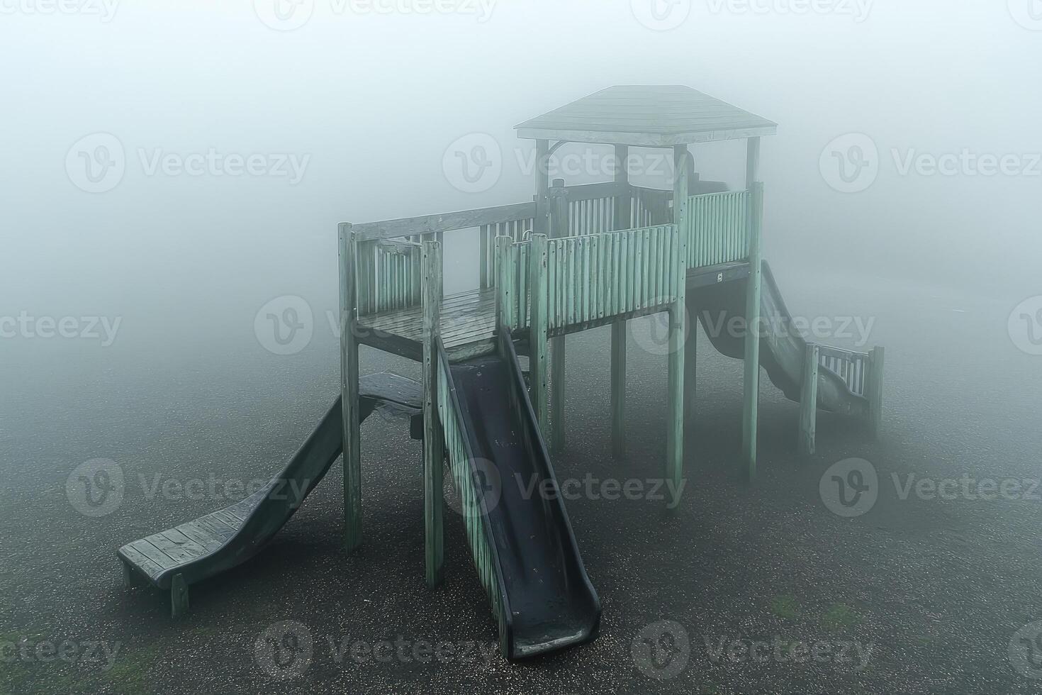 Foggy Playground Wooden Structure With Slides photo