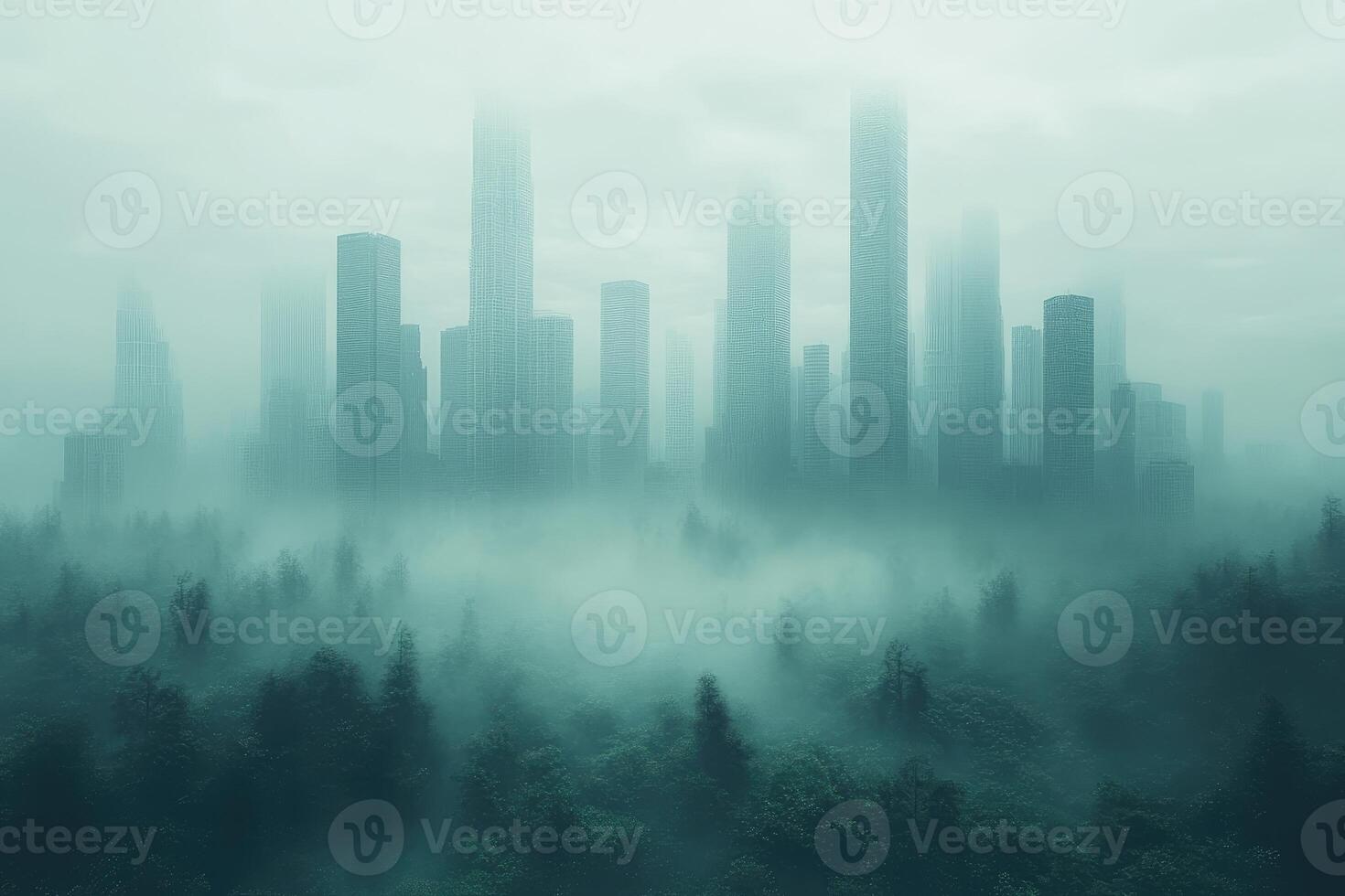 Fog Shrouded City Skyline Over A Misty Forest photo